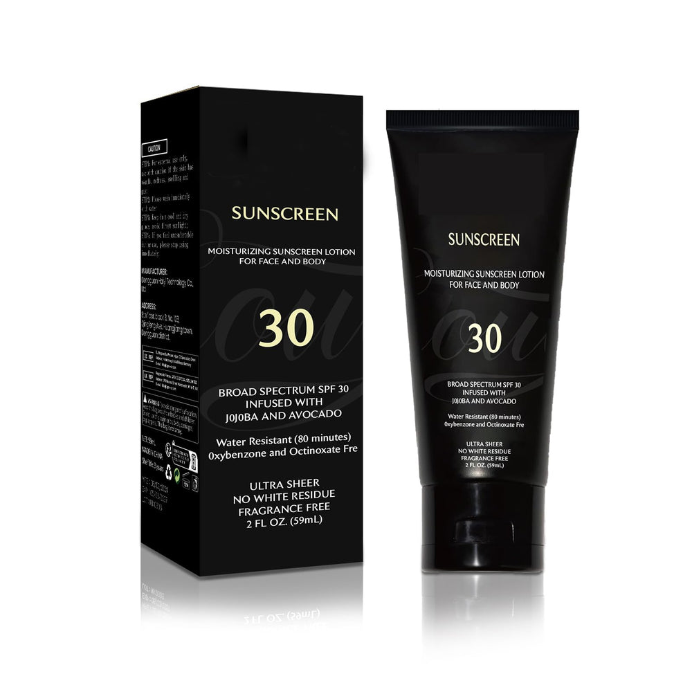 Crème solaire générique pour peau noire – bouteille SPF 30, protection UV nette et discrète.