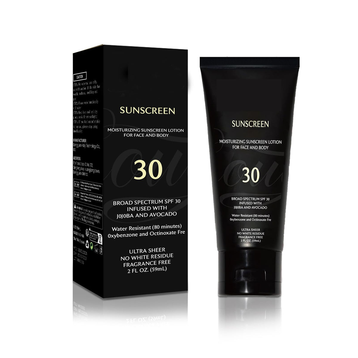 Crème solaire générique pour peau noire – bouteille SPF 30, protection UV nette et discrète.