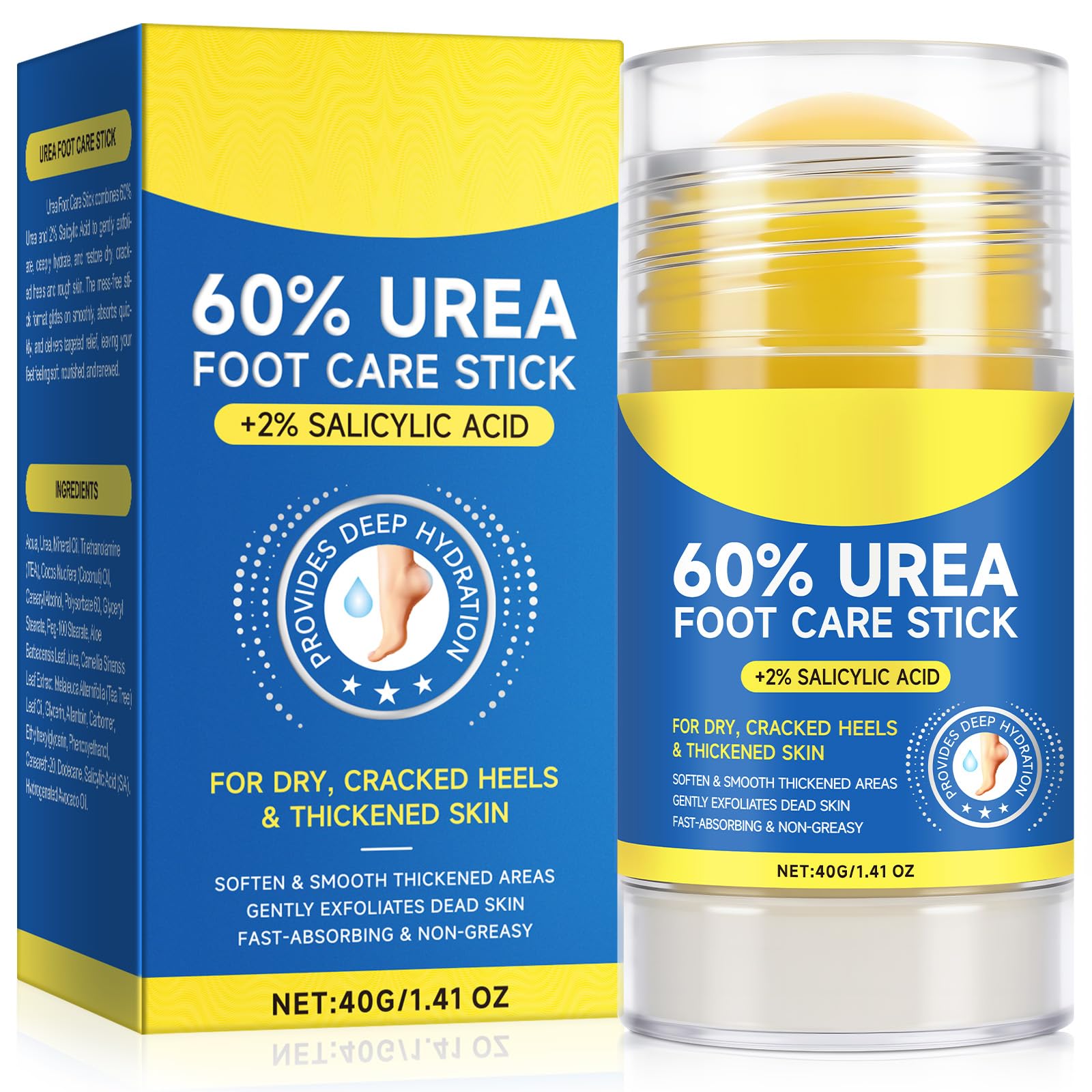 Generic Urea60-stick-applicateur en action sur talon sec, hydratation ciblée.