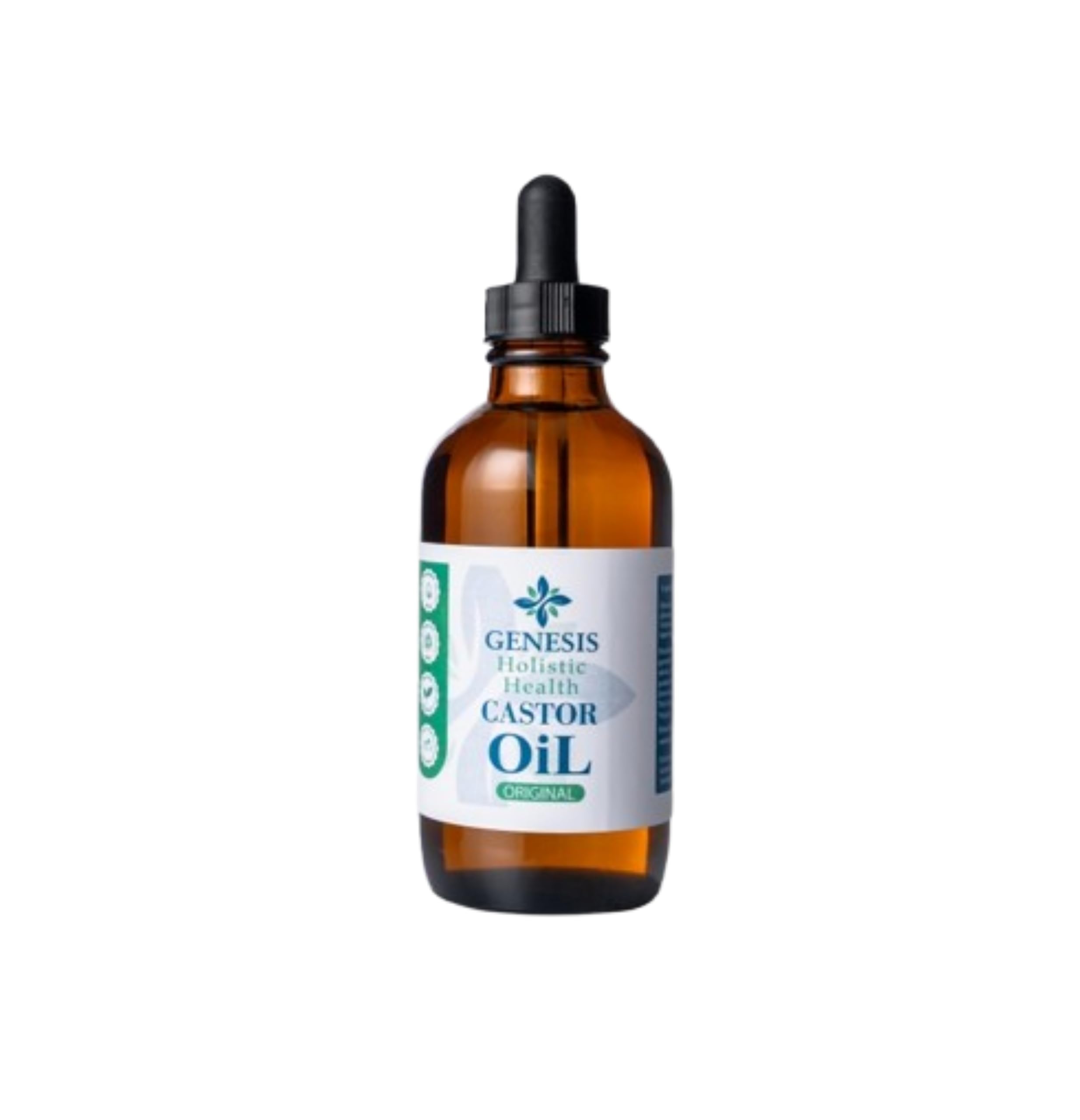 Genesis Holistic Health huile de ricin en bouteille en verre, pure et nourrissante.