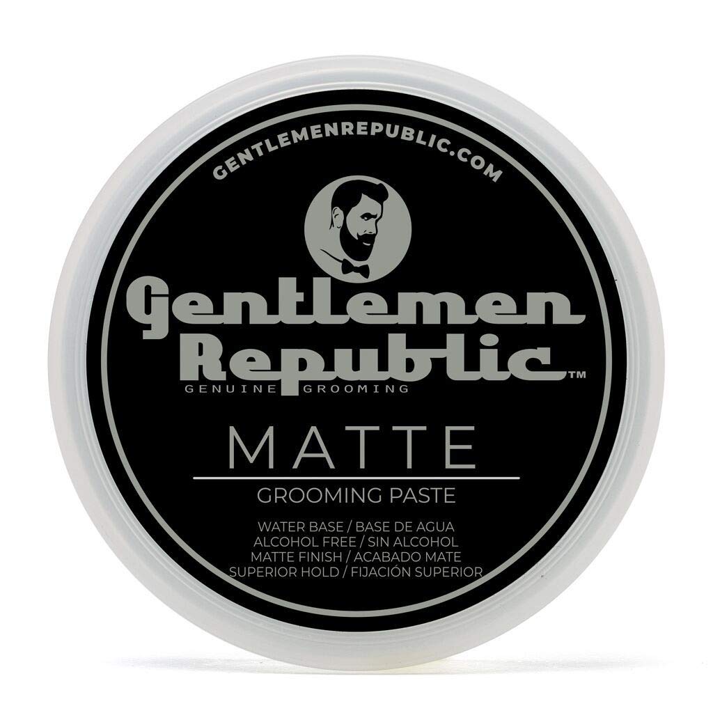 Pâte matte Gentlemen Republic dans sa bouteille 8oz, tenue durable et naturelle.