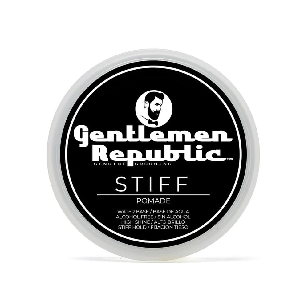 Gentlemen Republic Stiff Pomade sur bouteille, tenue ferme et brillance.