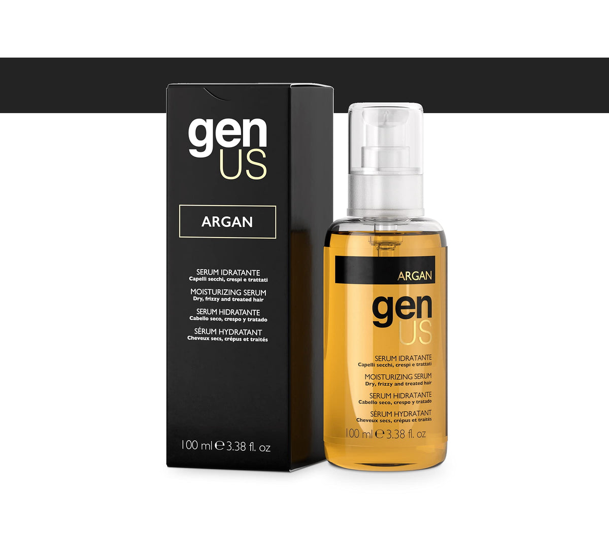 Genus Sérum capillaire argan et lin, bouteille élégante, hydrates les cheveux