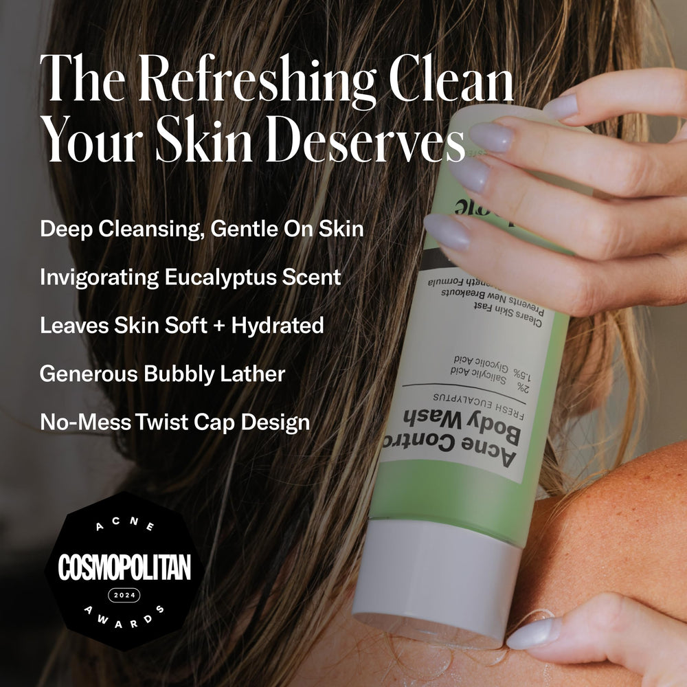 Geologie Acne Control Body Wash foamy lather delivering a refreshing eucalyptus cleanse.