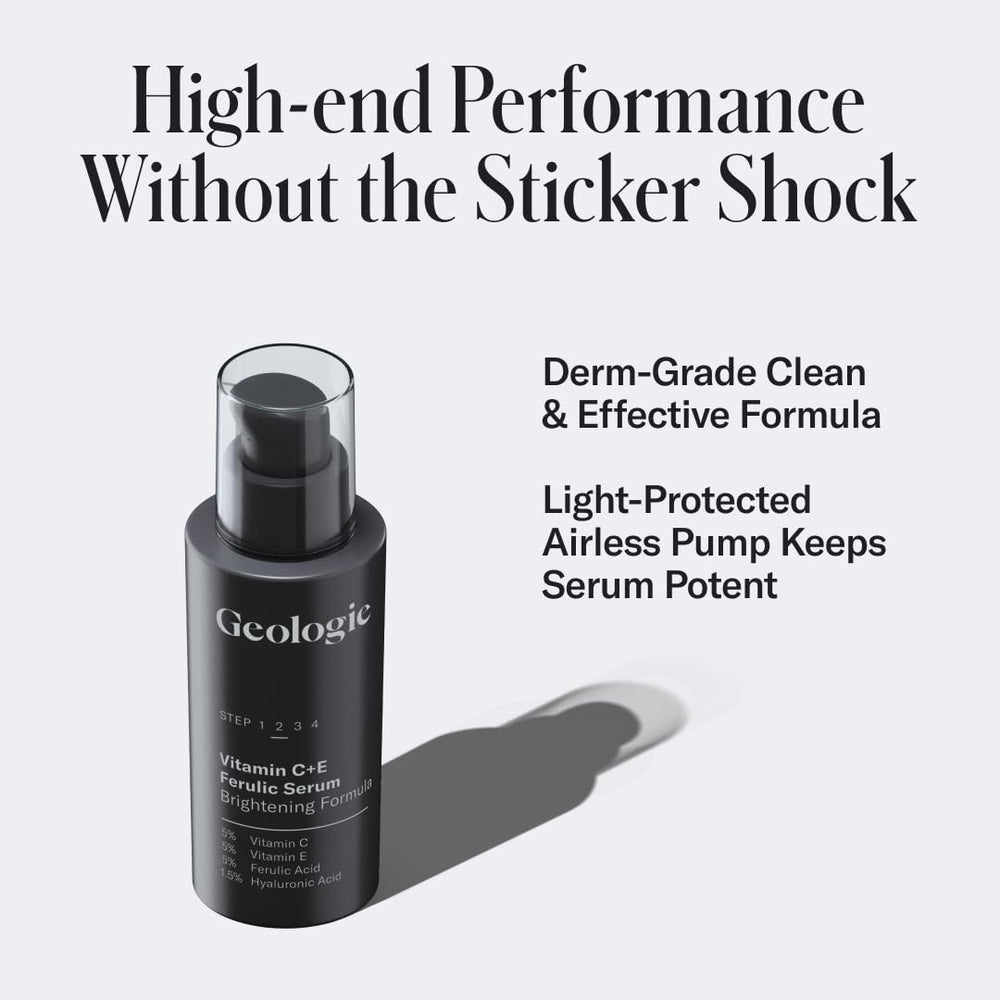 Geologie Sérum Vitamine C+E Ferulic, emballage airless élégant prêt à l'emploi.