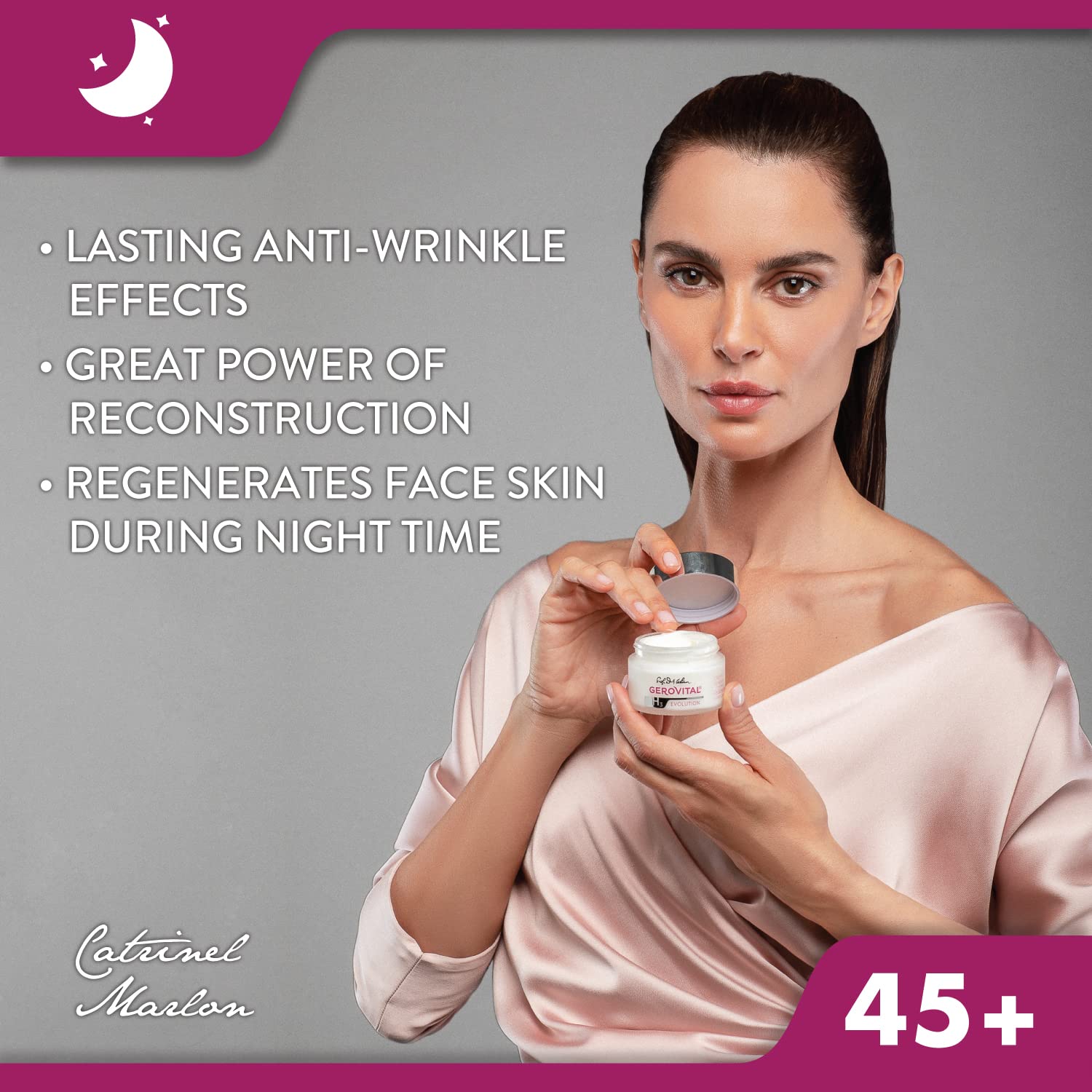 Main appliquant la crème de nuit Gerovital H3 Evolution sur le visage