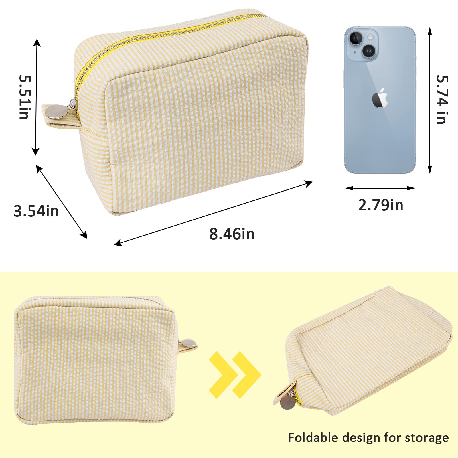 GFU Sac cosmétique Seersucker jaune en voyage, léger et compact.