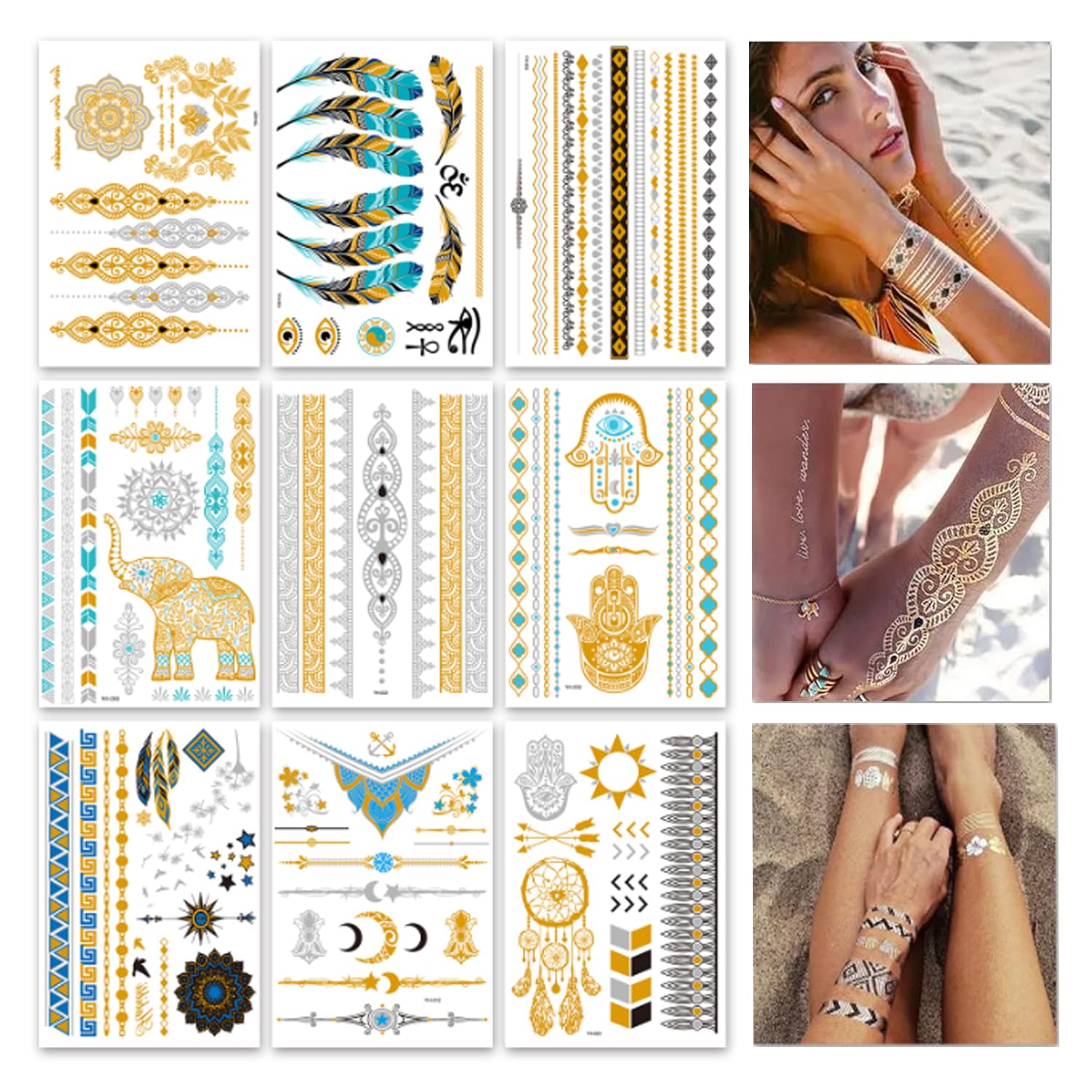 GICUNK tatouages métalliques: neuf feuilles dorées et argentées pour un look festif