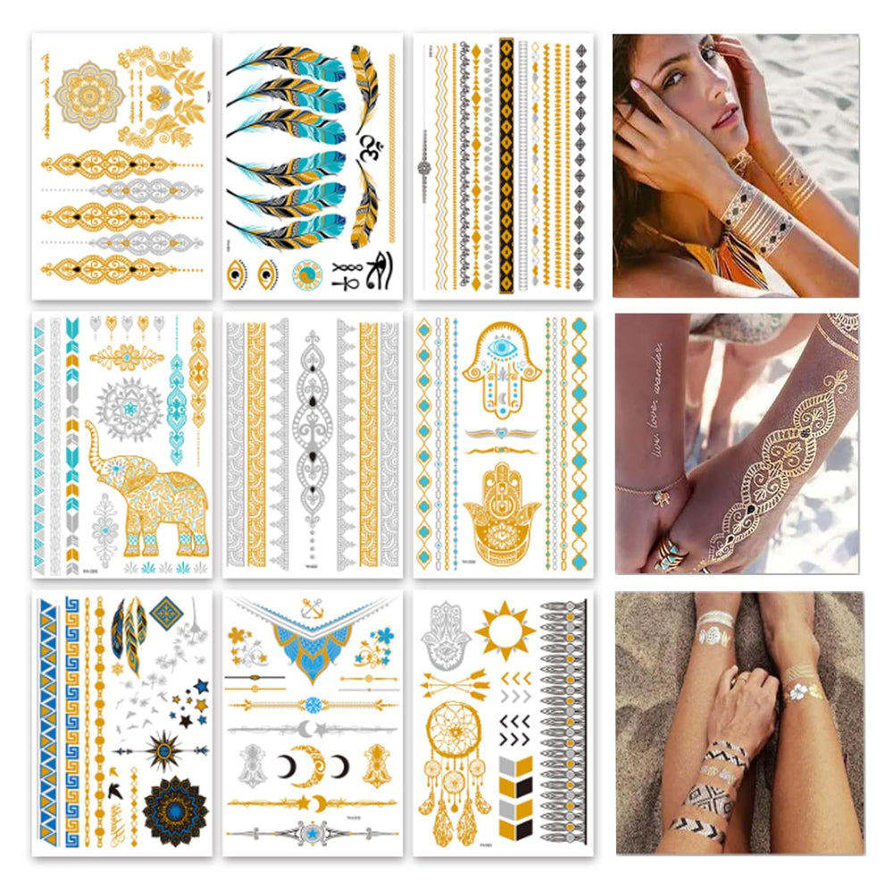 GICUNK tatouages métalliques: neuf feuilles dorées et argentées pour un look festif