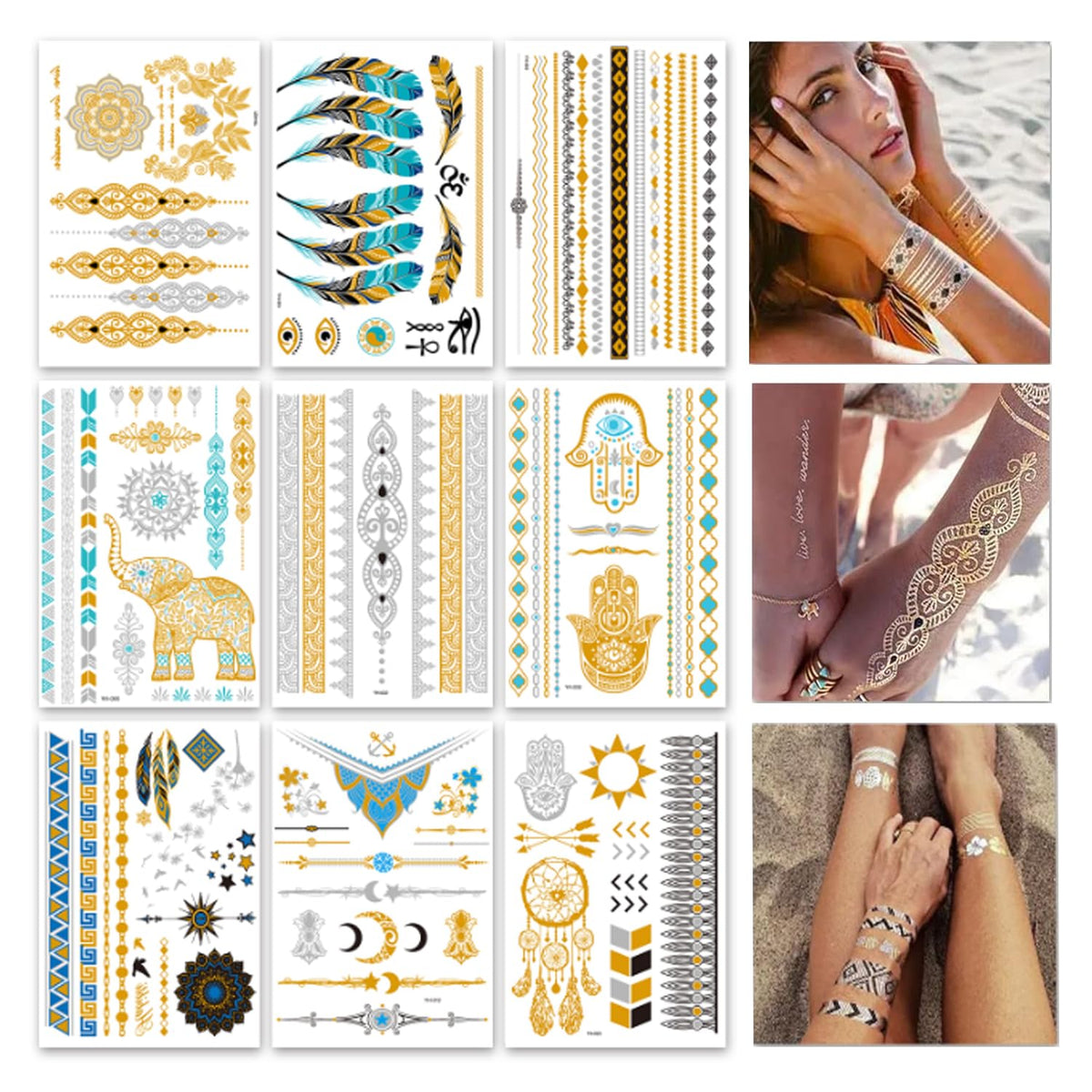 GICUNK tatouages métalliques: neuf feuilles dorées et argentées pour un look festif