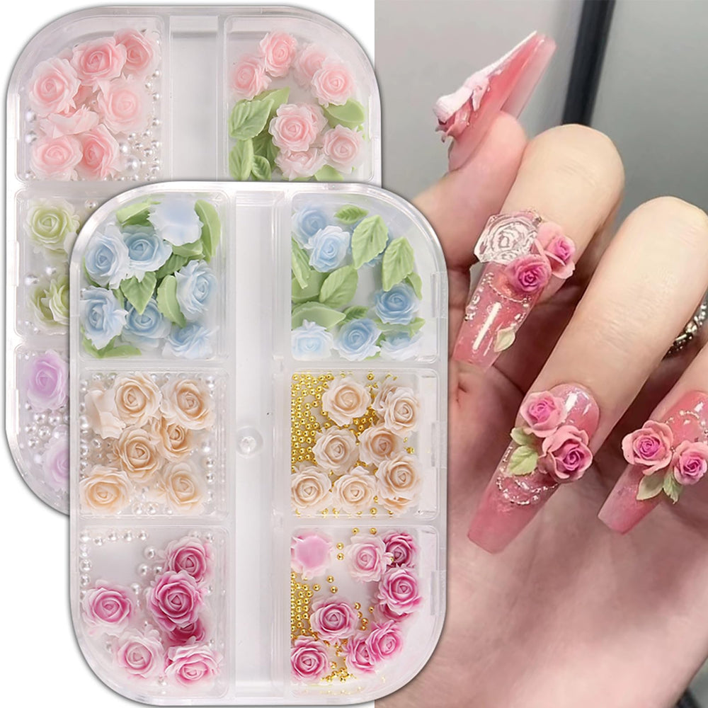 Gieehiol boîtes fleurs roses 3D pour ongles, décorations colorées et rapides