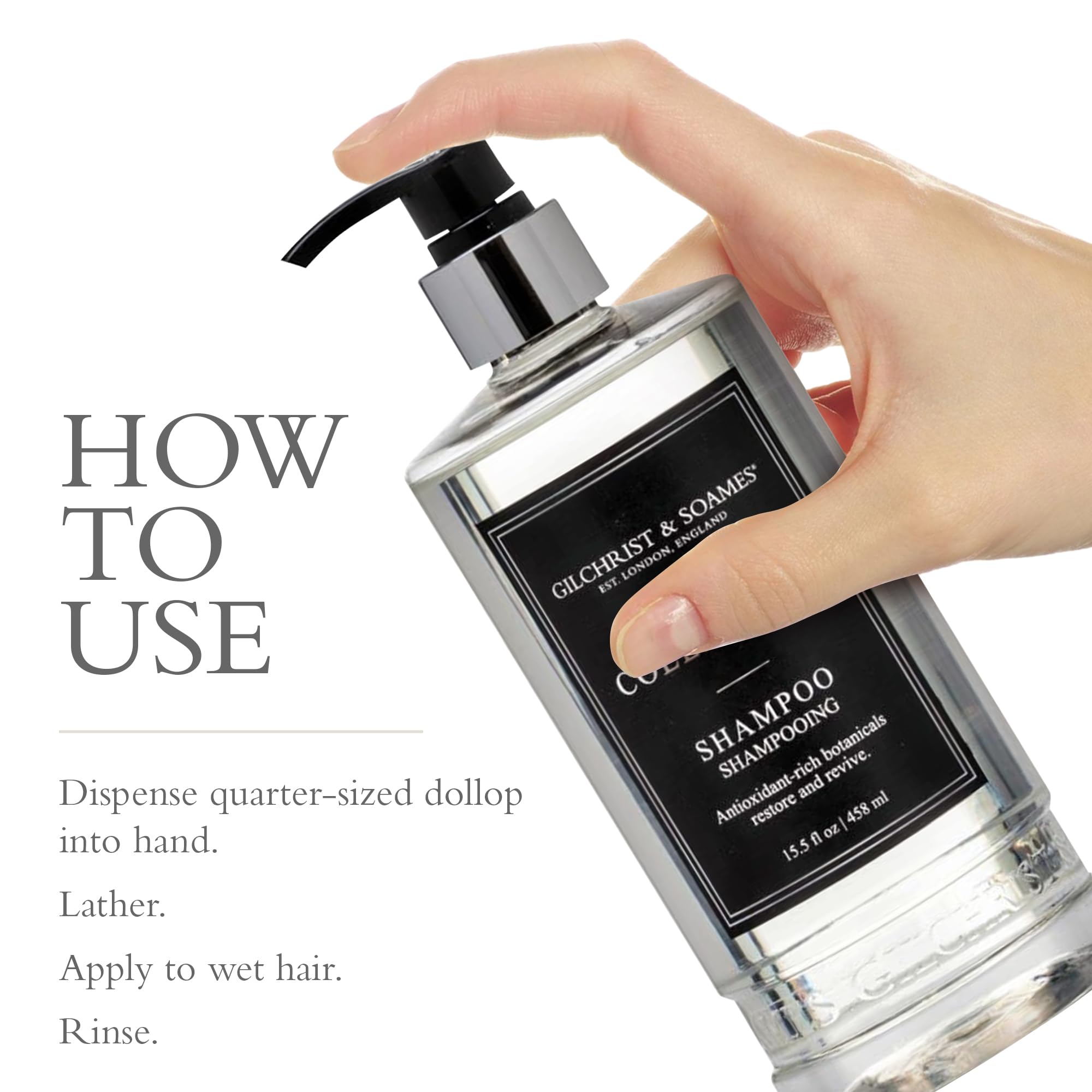Gilchrist & Soames London Collection Shampooing: huile-pepins-raisin, hydratation et brillance.