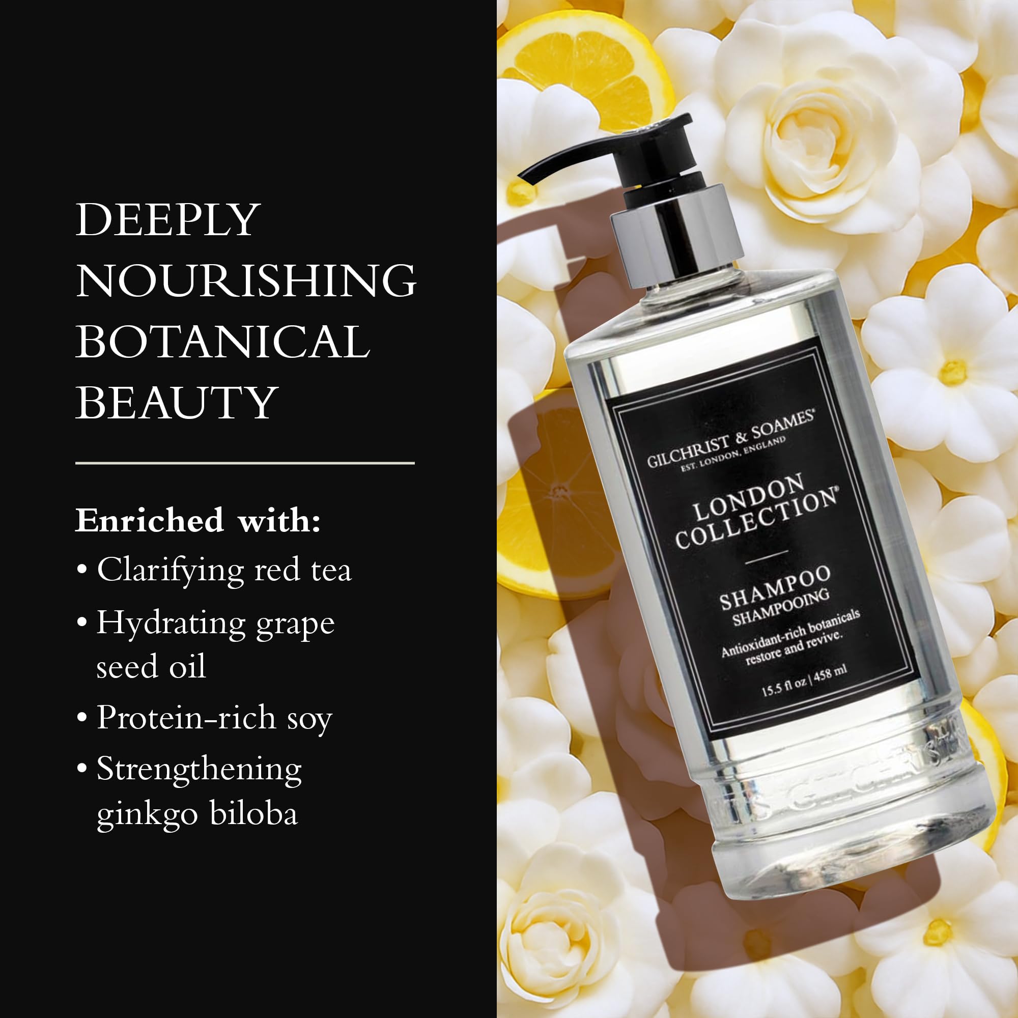 Gilchrist & Soames London Collection Shampooing: notes gardenia, senteur raffinée et ambiance luxueuse.