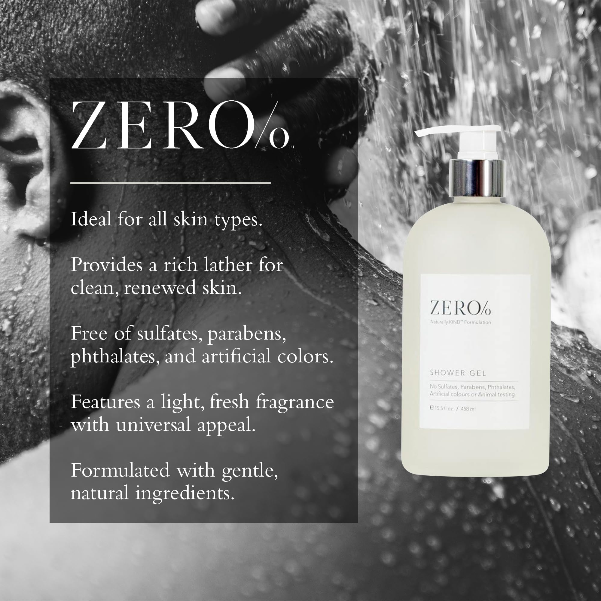 Gilchrist & Soames Zero% Gel Douche – étiquette claire indiquant l'absence de sulfates.
