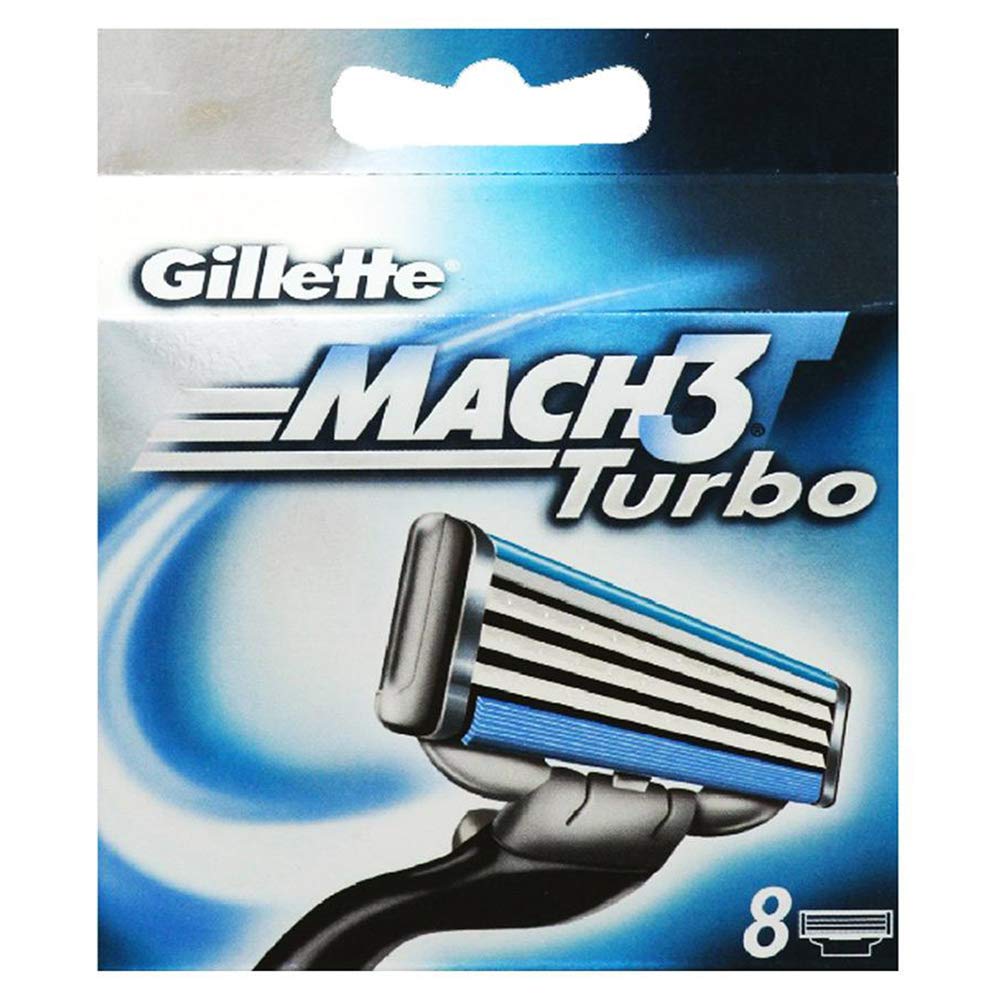 Gillette Mach 3 Turbo cartouches dans emballage variable facilitant le remplacement rapide.