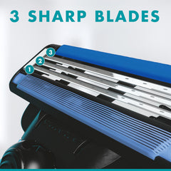 Gillette Mach3 affichage montrant les lames et la compatibilité triple lame.