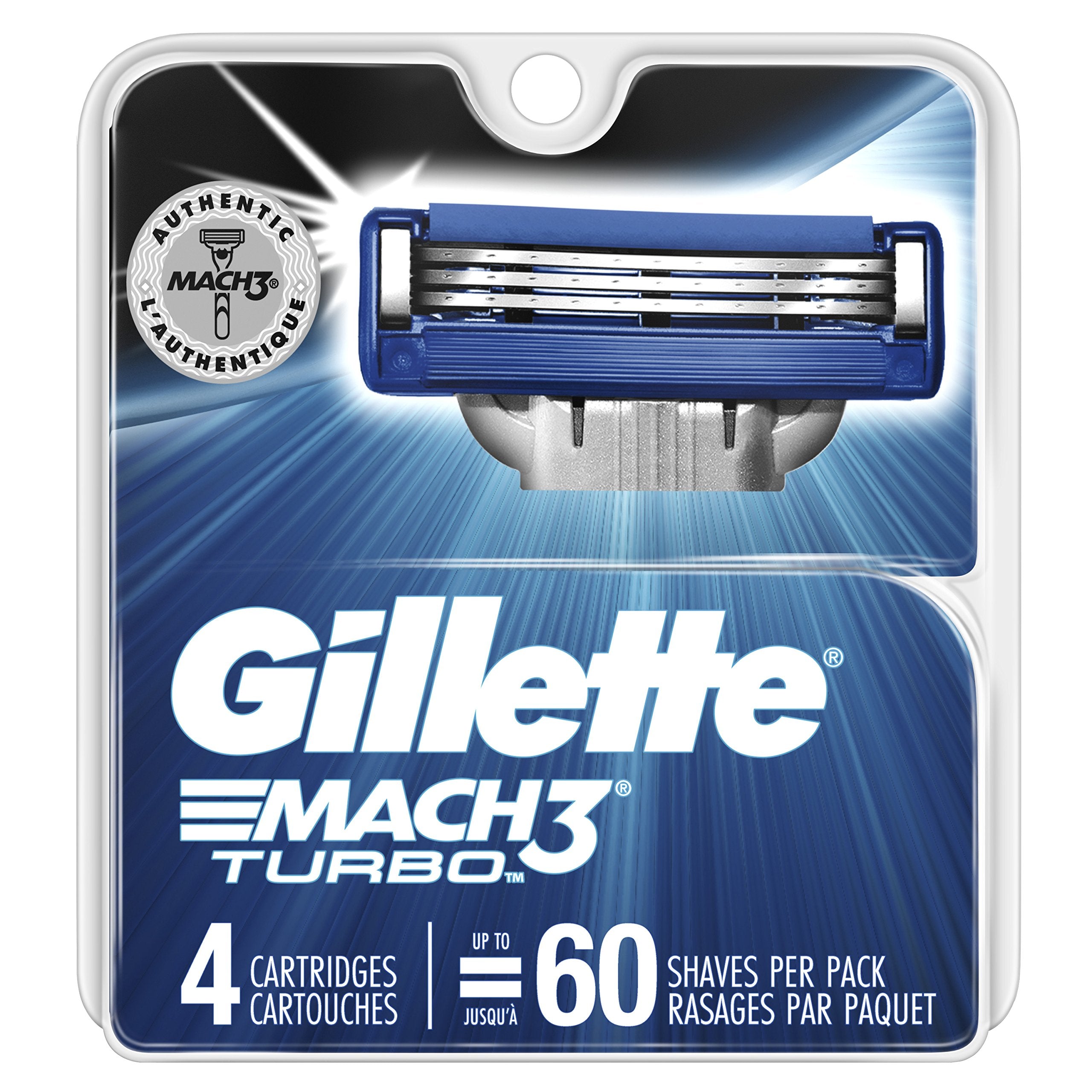 Cartouches Gillette Mach3 Turbo en emballage quatre pièces pour remplacements faciles