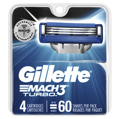 Cartouches Gillette Mach3 Turbo en emballage quatre pièces pour remplacements faciles