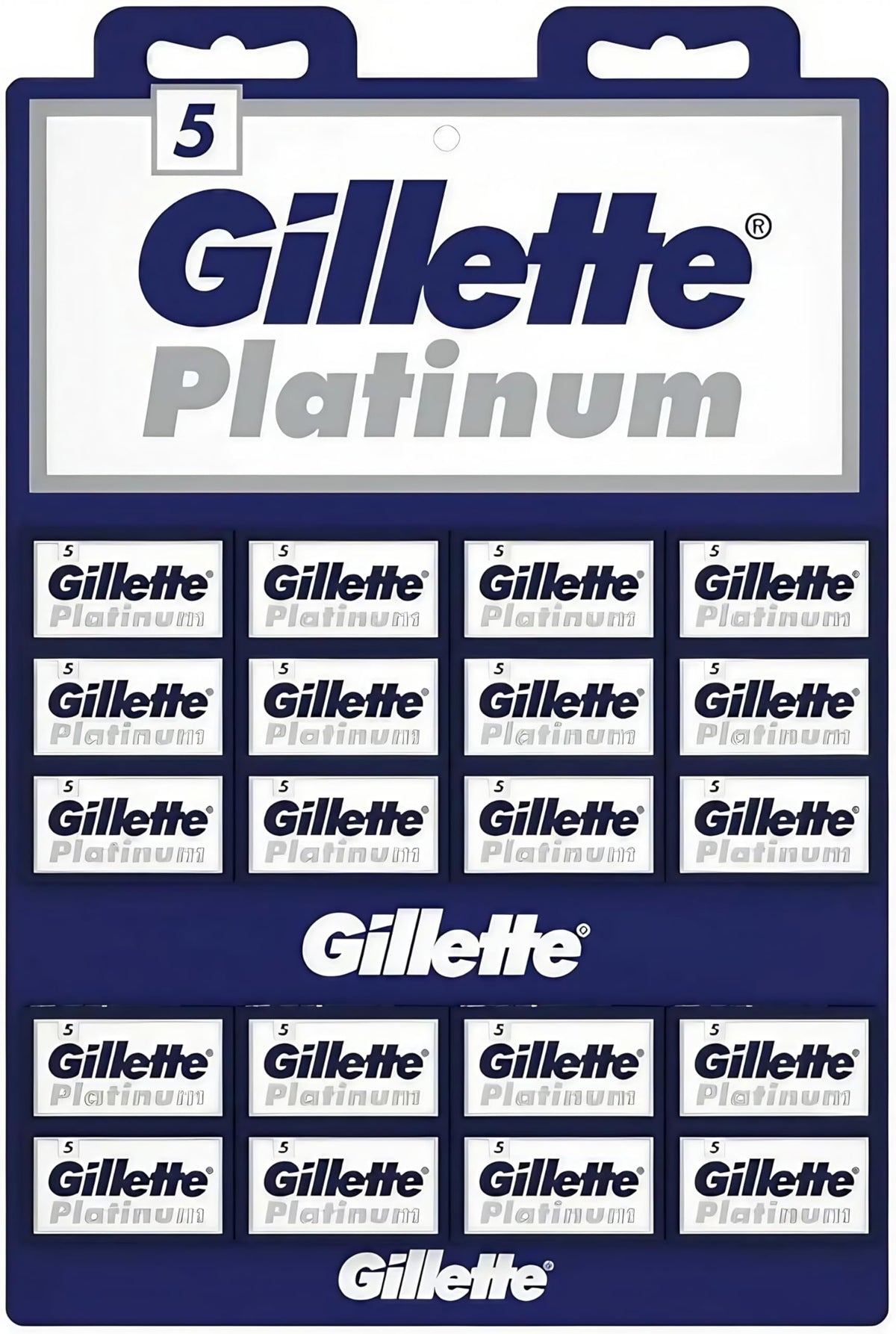 Gillette Platinum lames double-tranchant sur carte d’affichage, recharge fiable et polyvalente