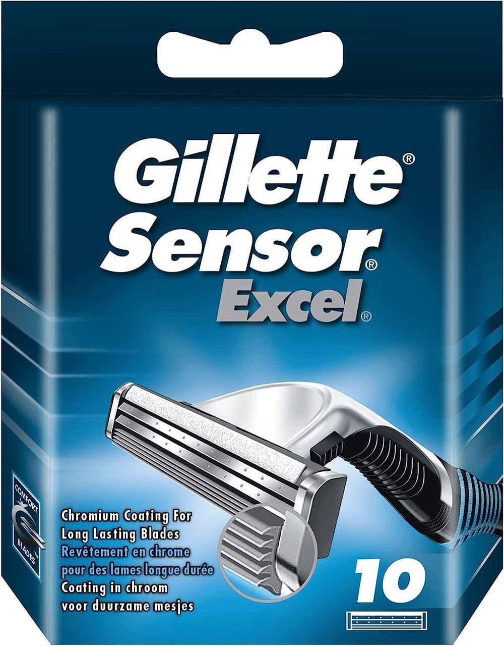 Gillette Sensor Excel cartouches en emballage, polyvalentes pour le rasage quotidien.