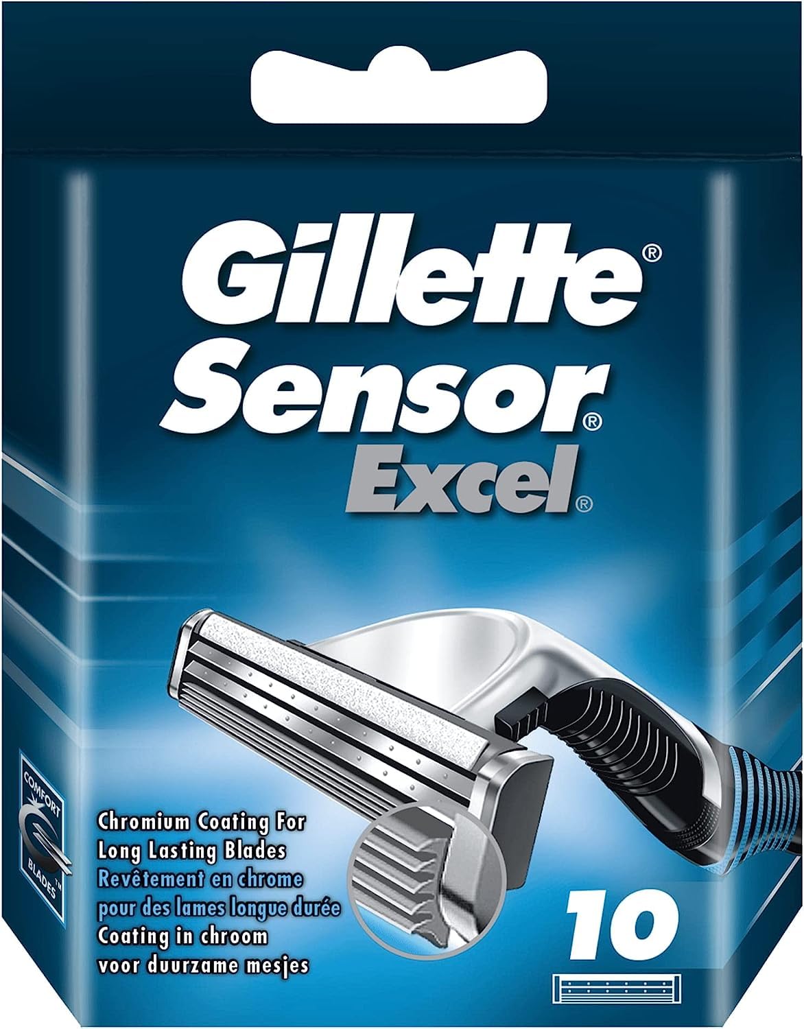 Gillette Sensor Excel cartouches en emballage, polyvalentes pour le rasage quotidien.