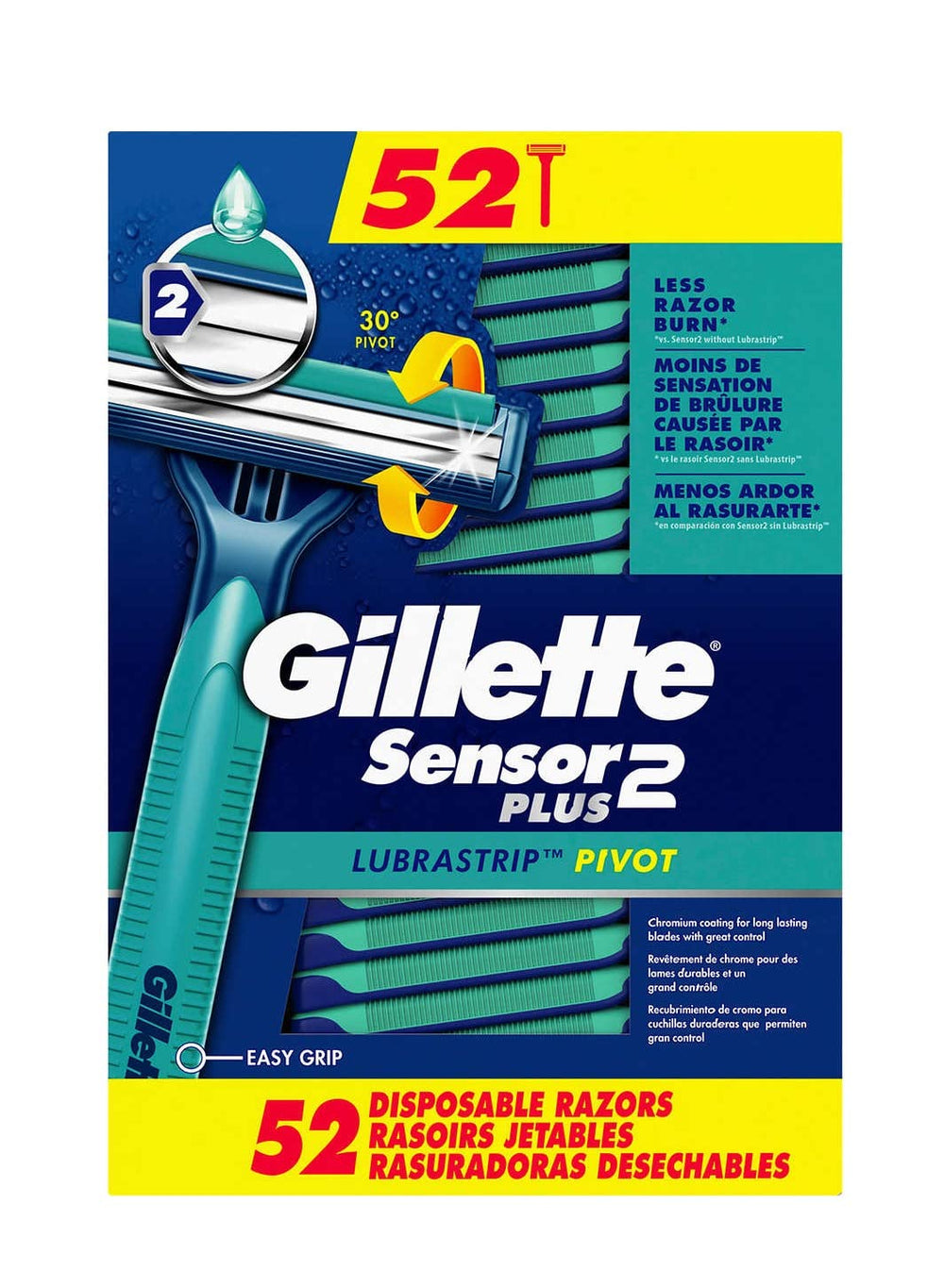 Gillette Sensor2 Plus rasoir jetable 52-pack, lames doubles offrant un confort durable.