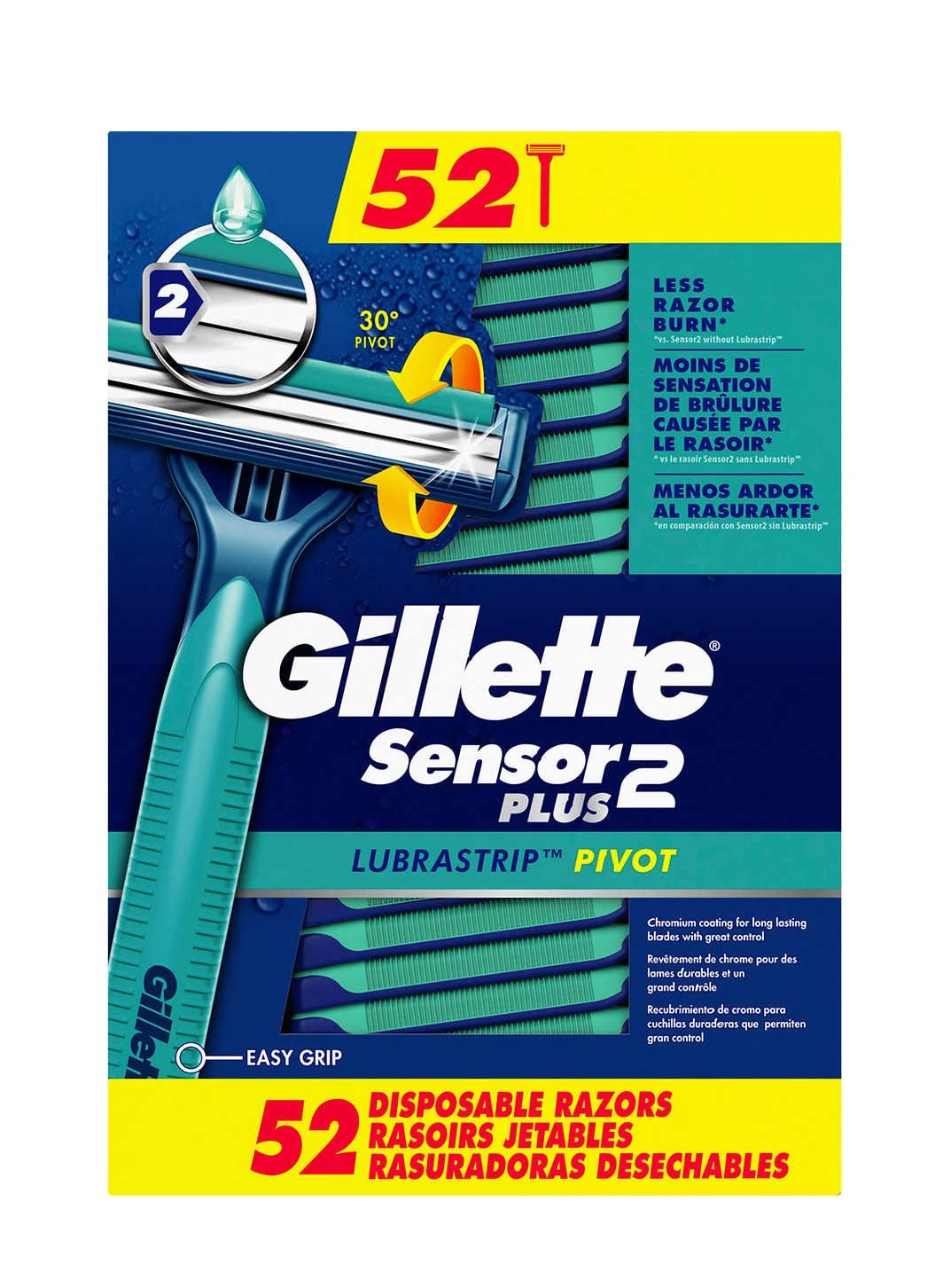 Gillette Sensor2 Plus rasoir jetable 52-pack, lames doubles offrant un confort durable.