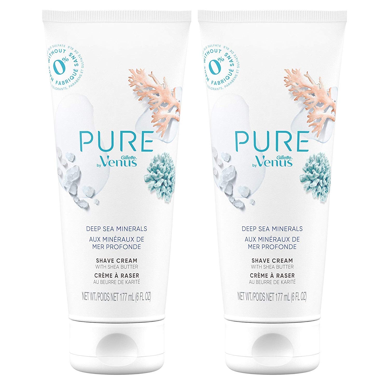 Gillette Venus Pure Crème de rasage minéraux marins pour une peau hydratée et douce.