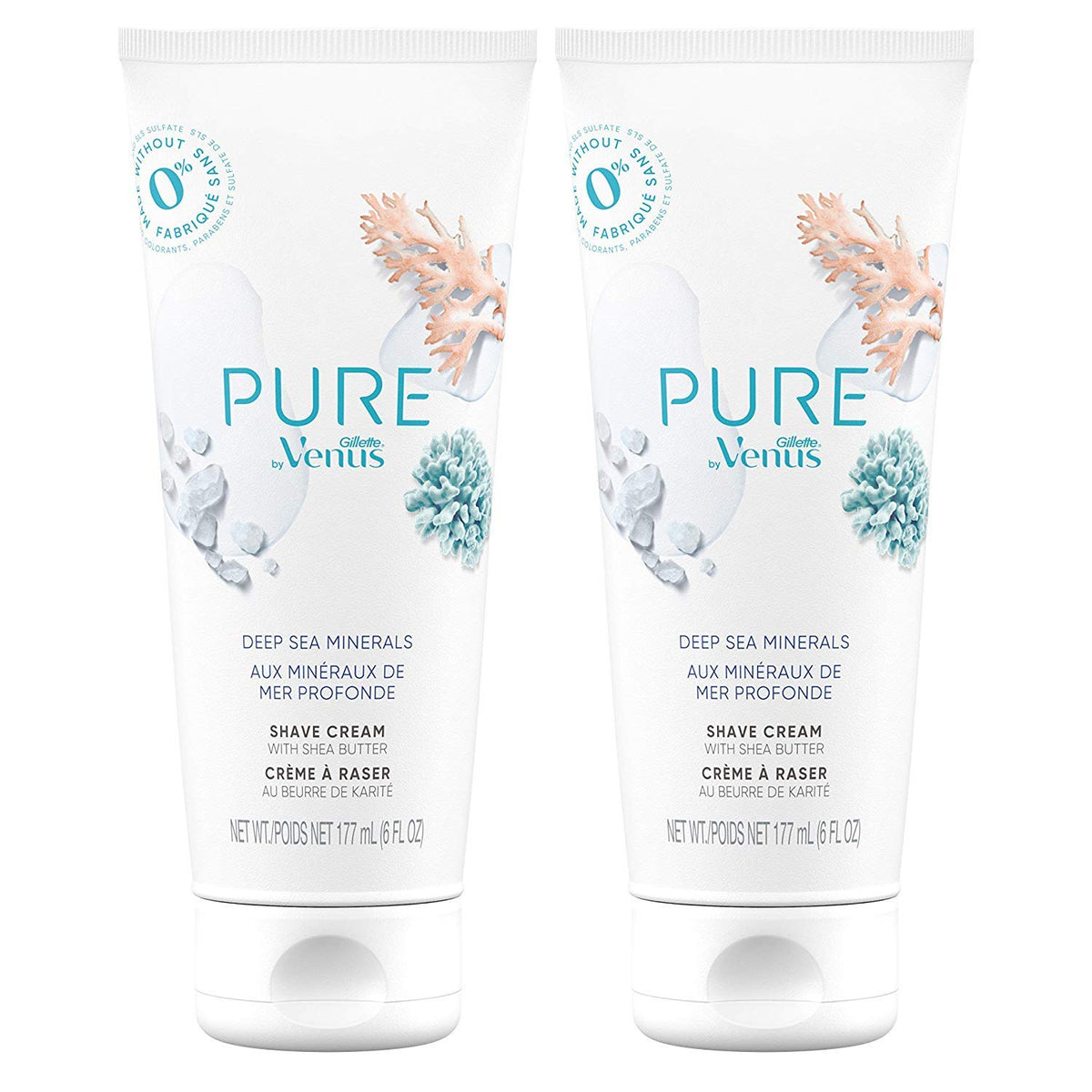 Gillette Venus Pure Crème de rasage minéraux marins pour une peau hydratée et douce.