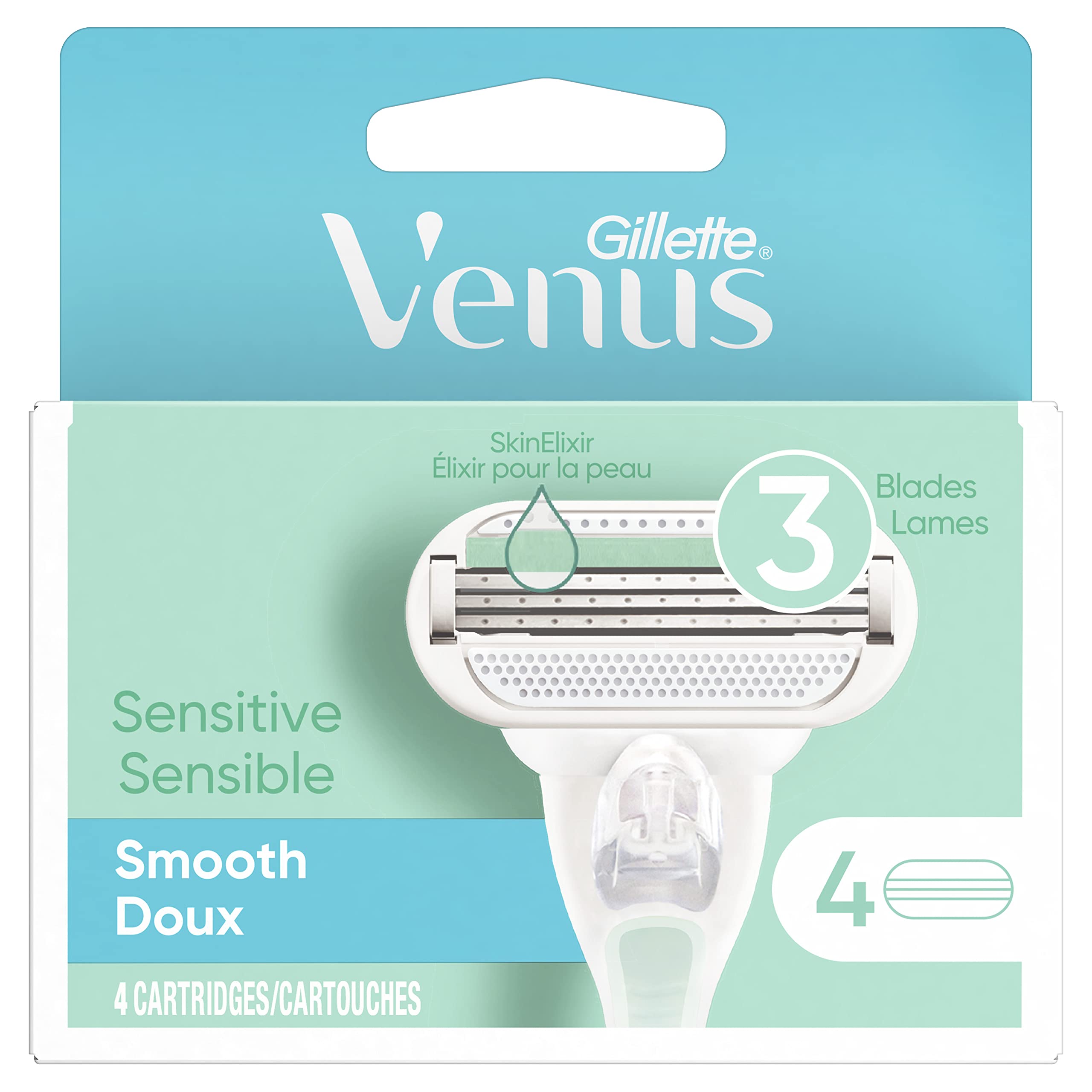 Cartouche Gillette Venus Smooth Sensitive dans l'emballage, adaptée à la peau sensible.