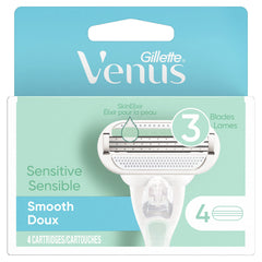 Cartouche Gillette Venus Smooth Sensitive dans l'emballage, adaptée à la peau sensible.