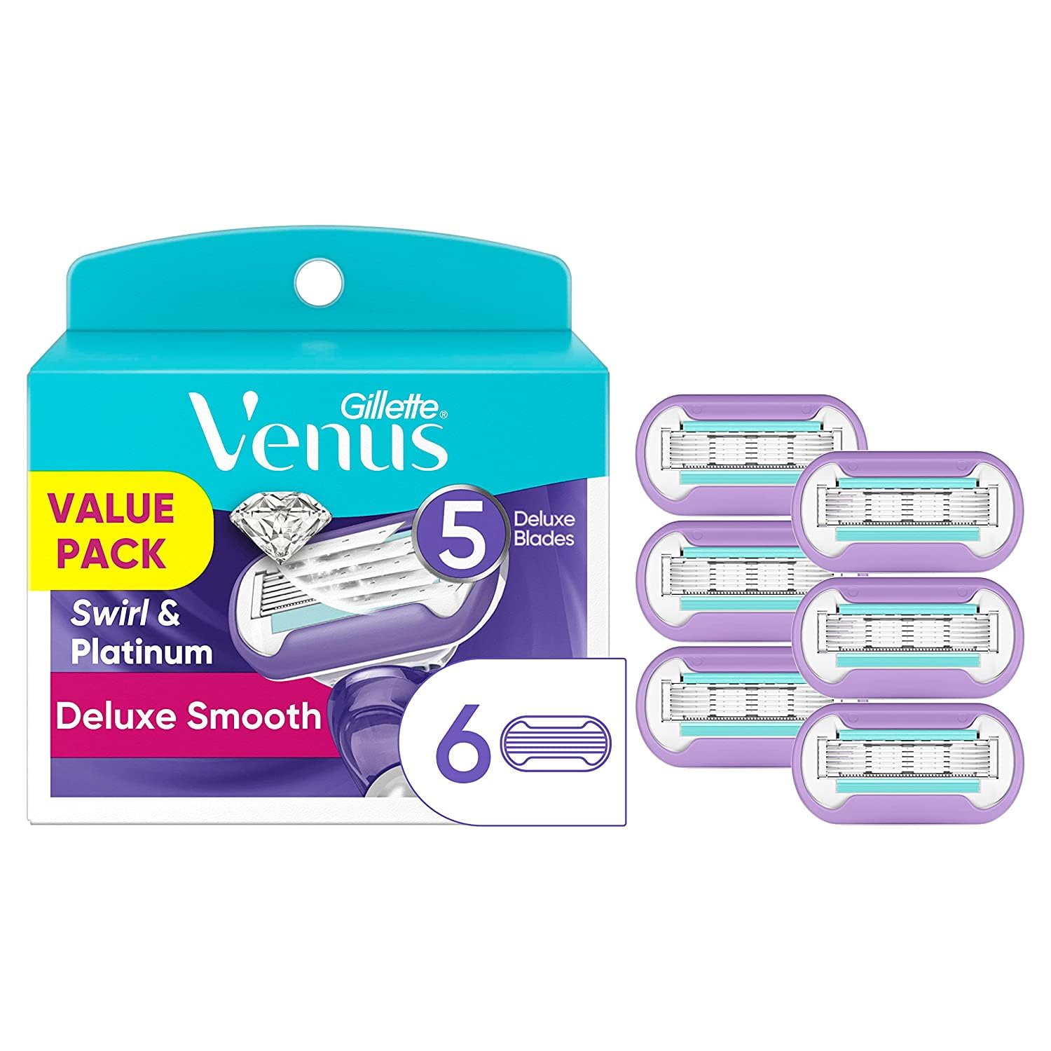 Gillette Venus Swirl avec 5 lames durables offrant une douceur durable.