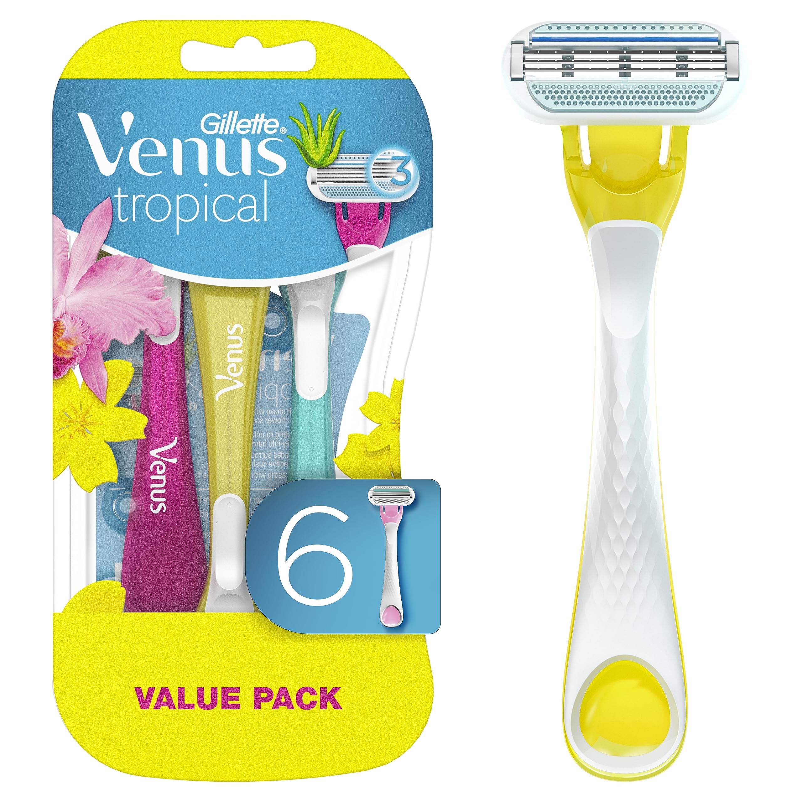 Gillette Venus Tropical ensemble de 6 rasoirs prêt pour un rasage quotidien en douceur.