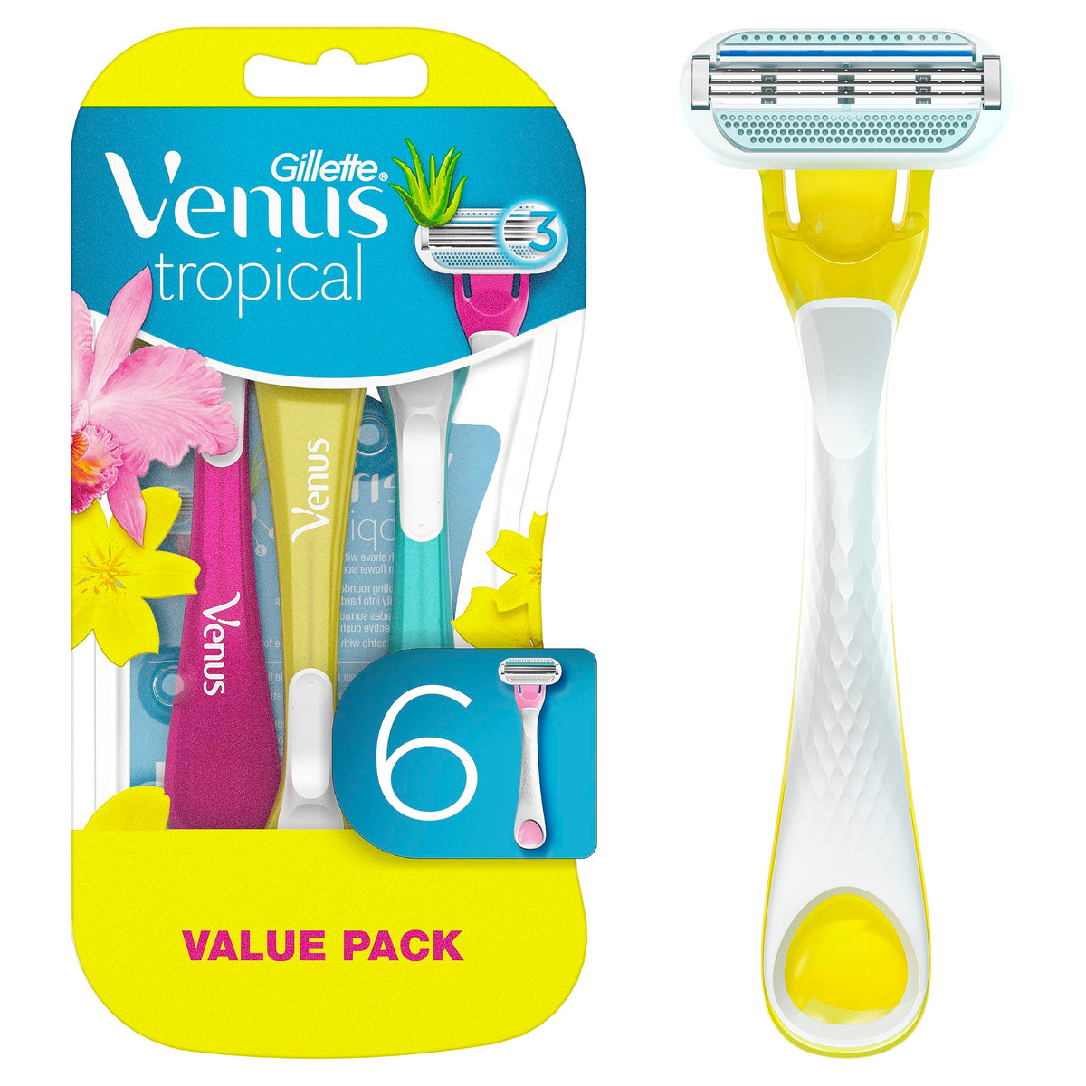 Gillette Venus Tropical ensemble de 6 rasoirs prêt pour un rasage quotidien en douceur.