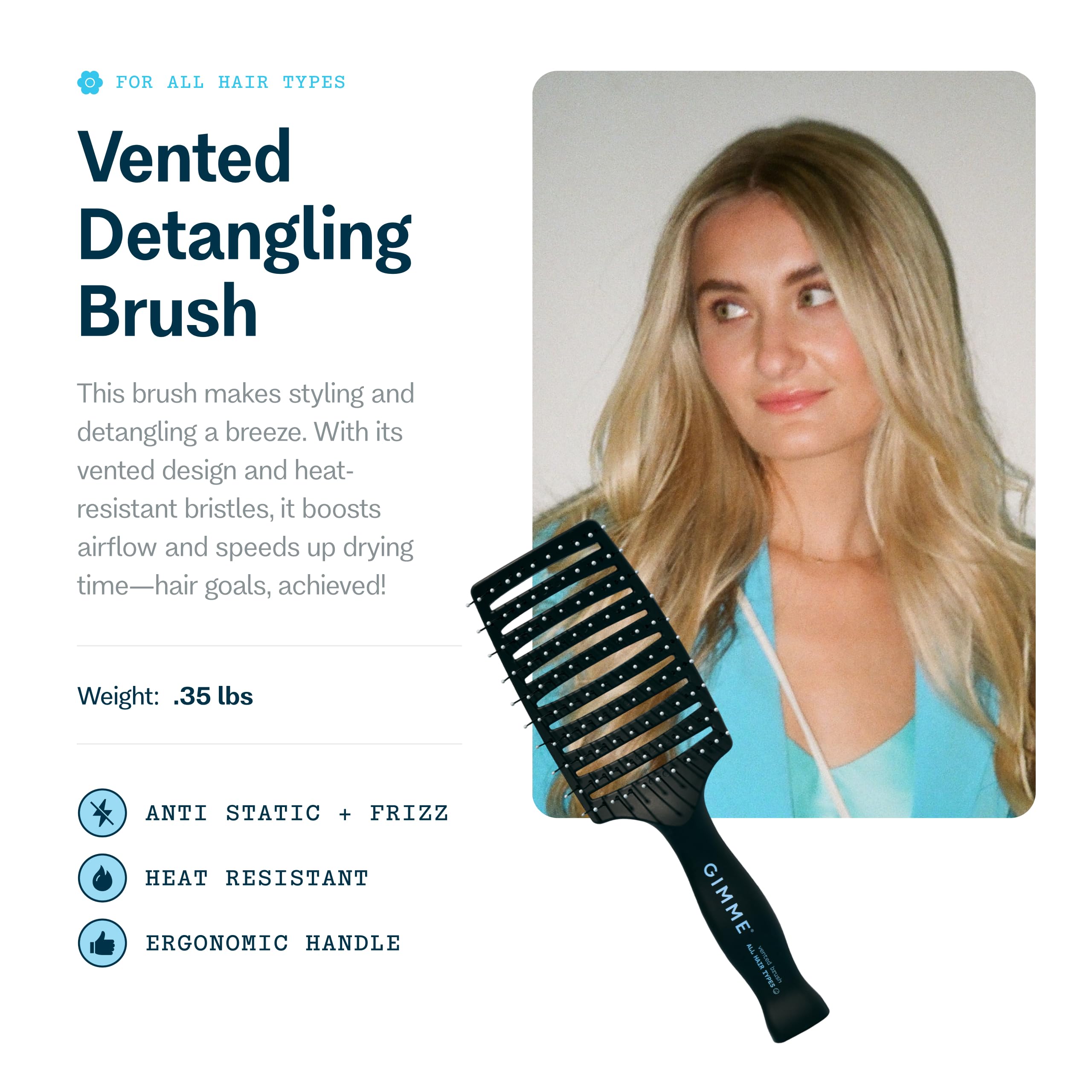 Brosse GIMME Beauté avec poils résistants à la chaleur pour coiffage sécurisé.