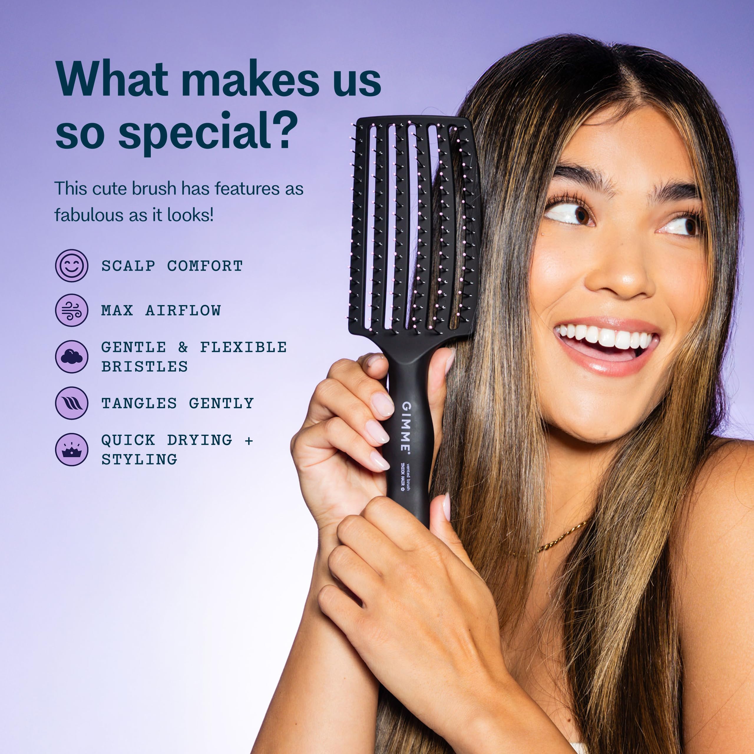 Brosse GIMME BEAUTÉ Forme Courbée, contact cuir chevelu plus confortable.