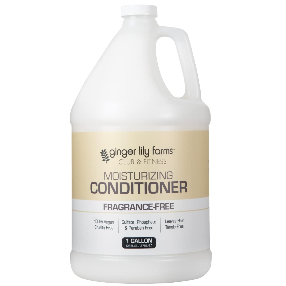 Ginger Lily Farms Club & Fitness moisturizing conditioner bottle on shelf for easy refills