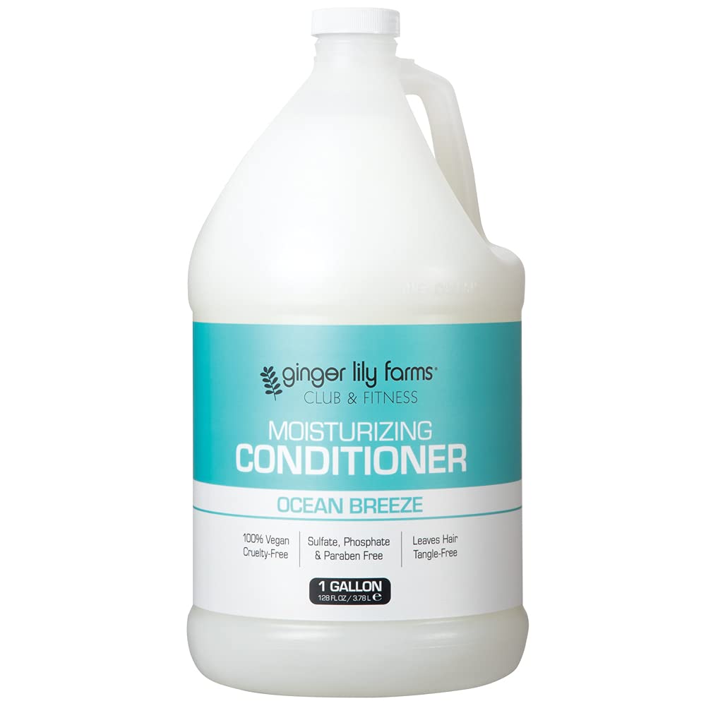 Ginger Lily Farms Club & Fitness Ocean Breeze conditioner bottle for smooth, hydrated hair.