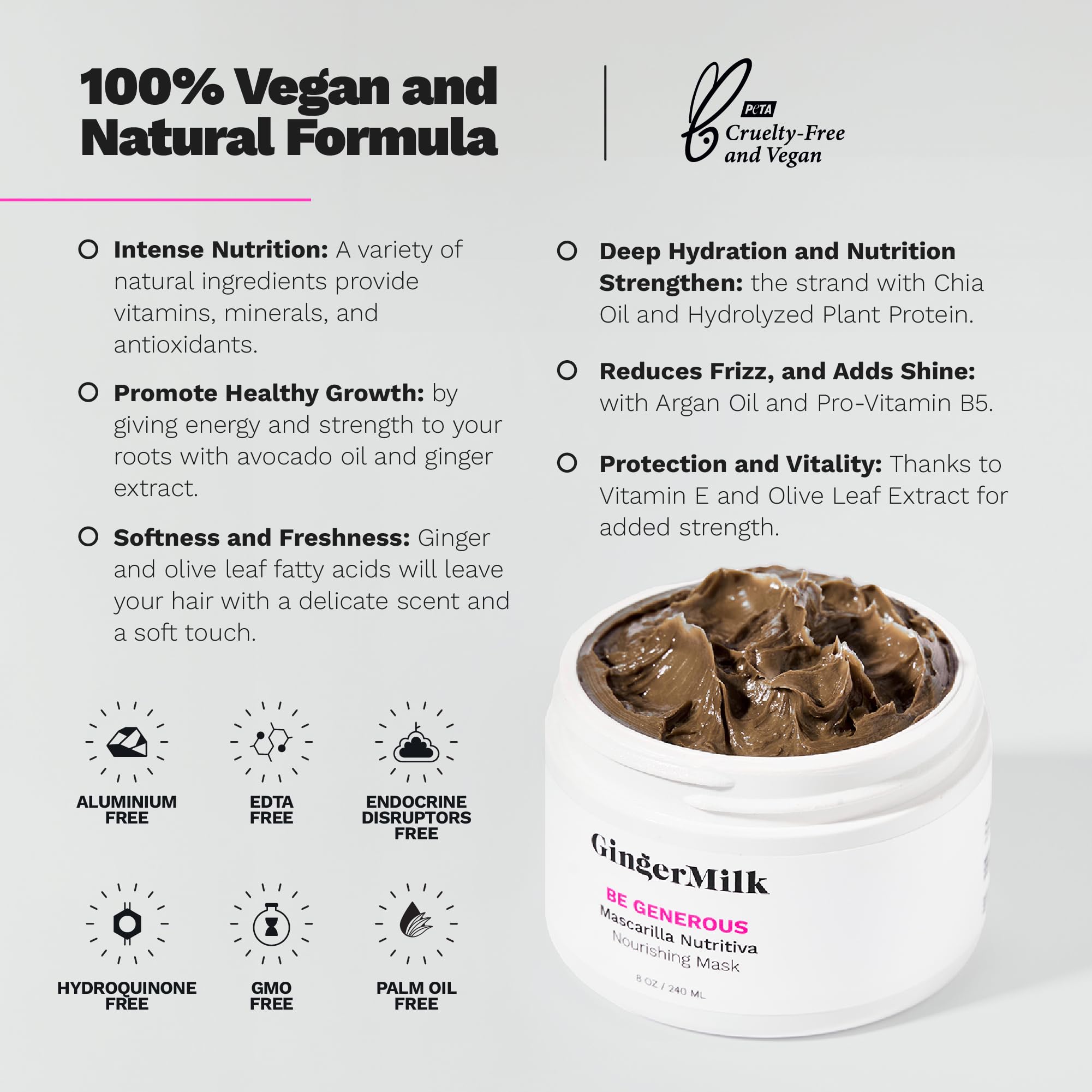 Ginger Milk Deep Repair Hair Mask label emphasizes vegan, sulfate-free formula for sensitive scalps.