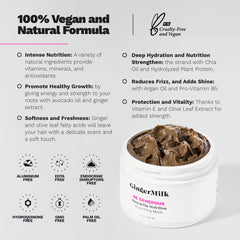 Ginger Milk Deep Repair Hair Mask label emphasizes vegan, sulfate-free formula for sensitive scalps.