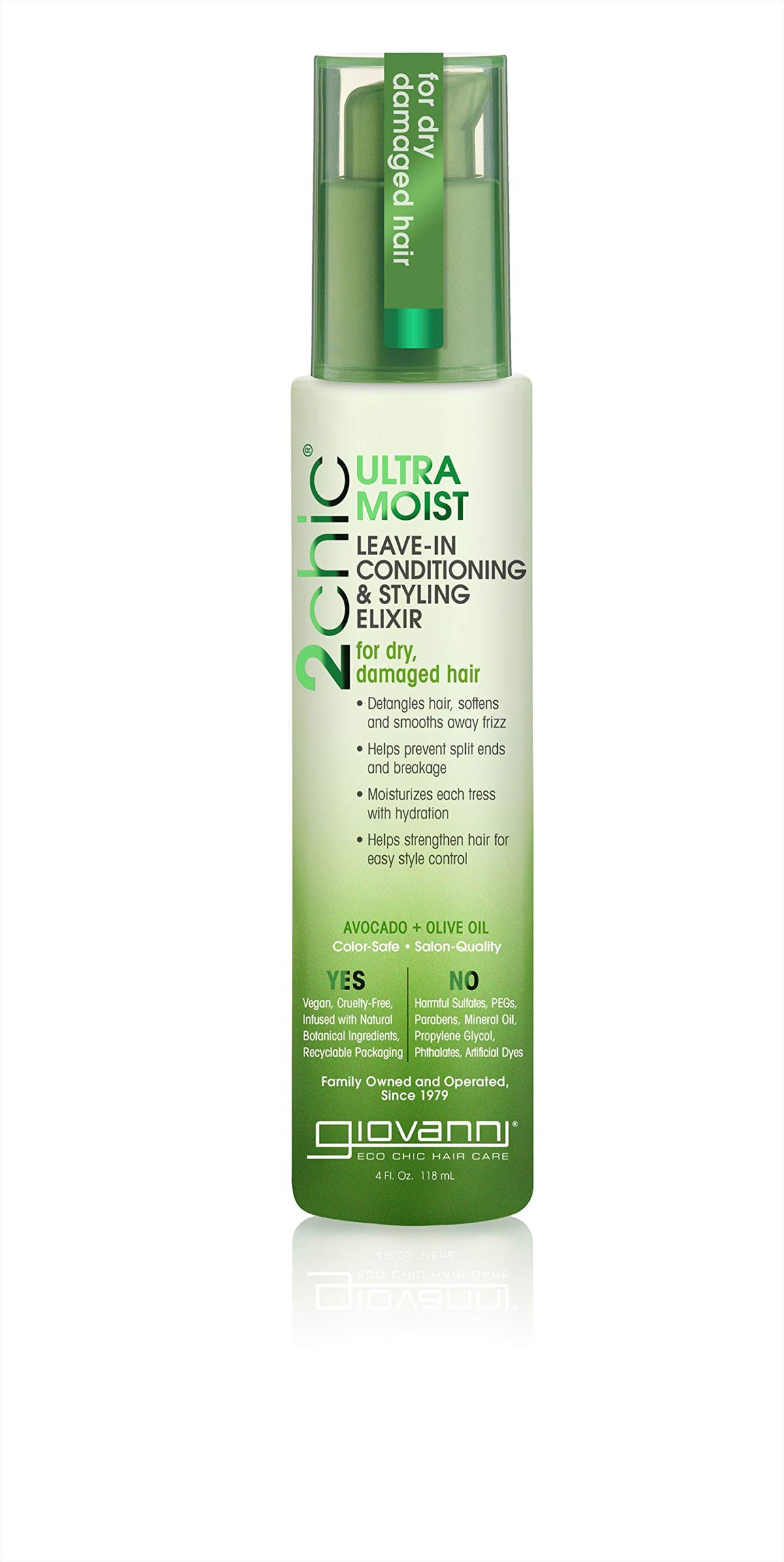 GIOVANNI 2chic Élixir, bouteille en gros plan, hydratation durable pour cheveux secs.
