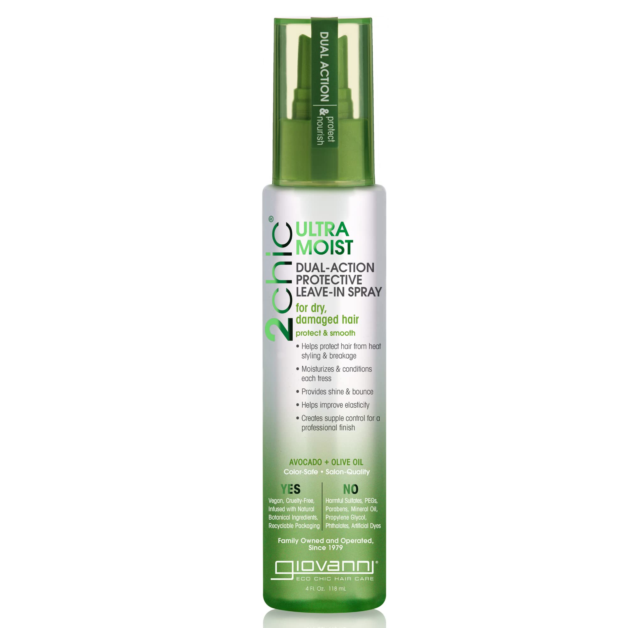 Bouteille GIOVANNI 2chic Ultra-Moist prête au coiffage et offre protection.
