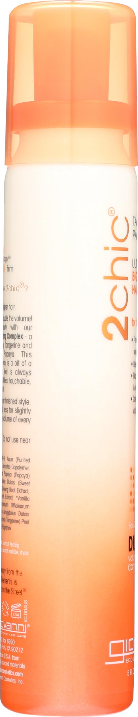 GIOVANNI 2chic Ultra-Volume brume capillaire, ingrédients nourrissants visibles sur l’étiquette.