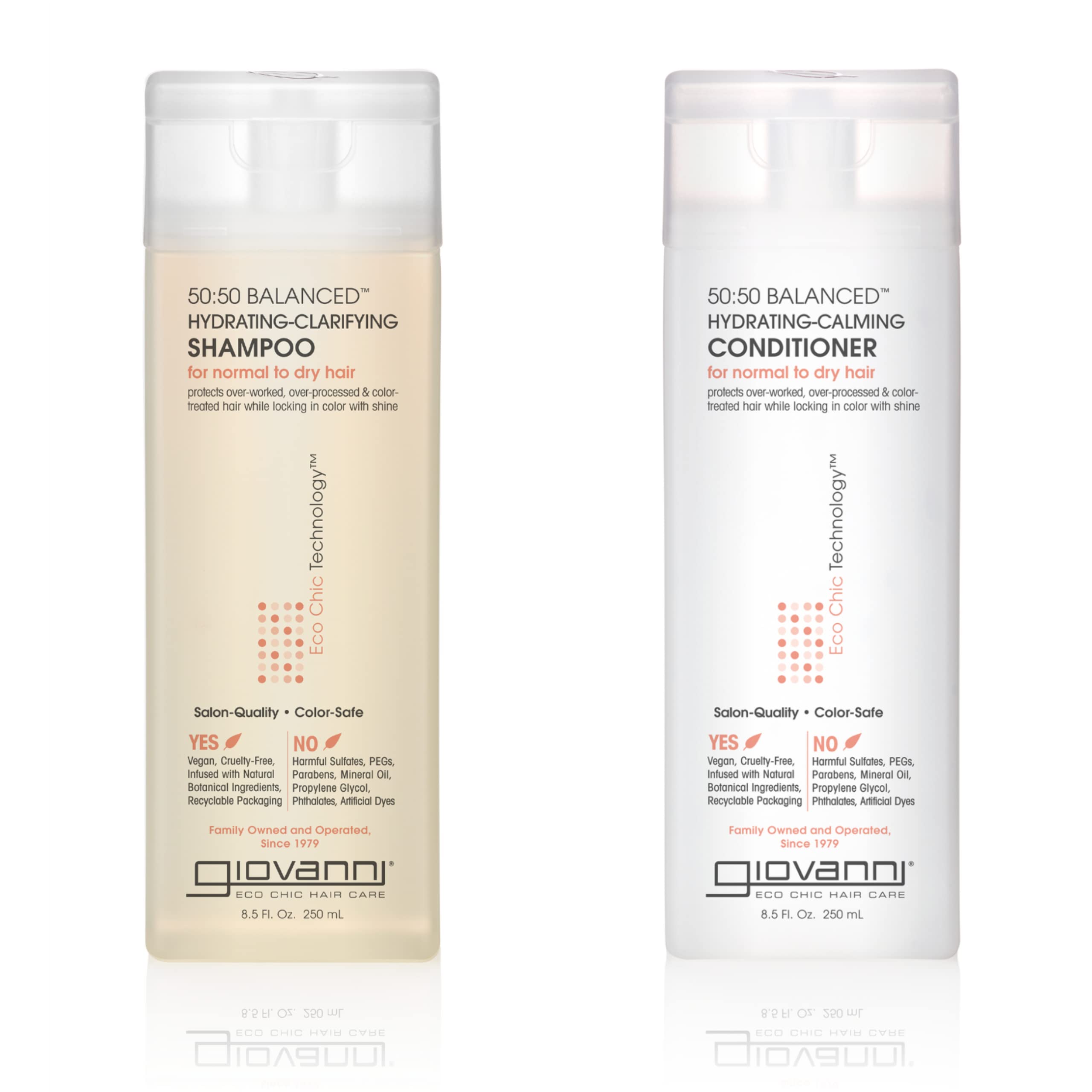 Shampoing GIOVANNI 50:50 en flacon, clarifie et hydrate les cheveux.