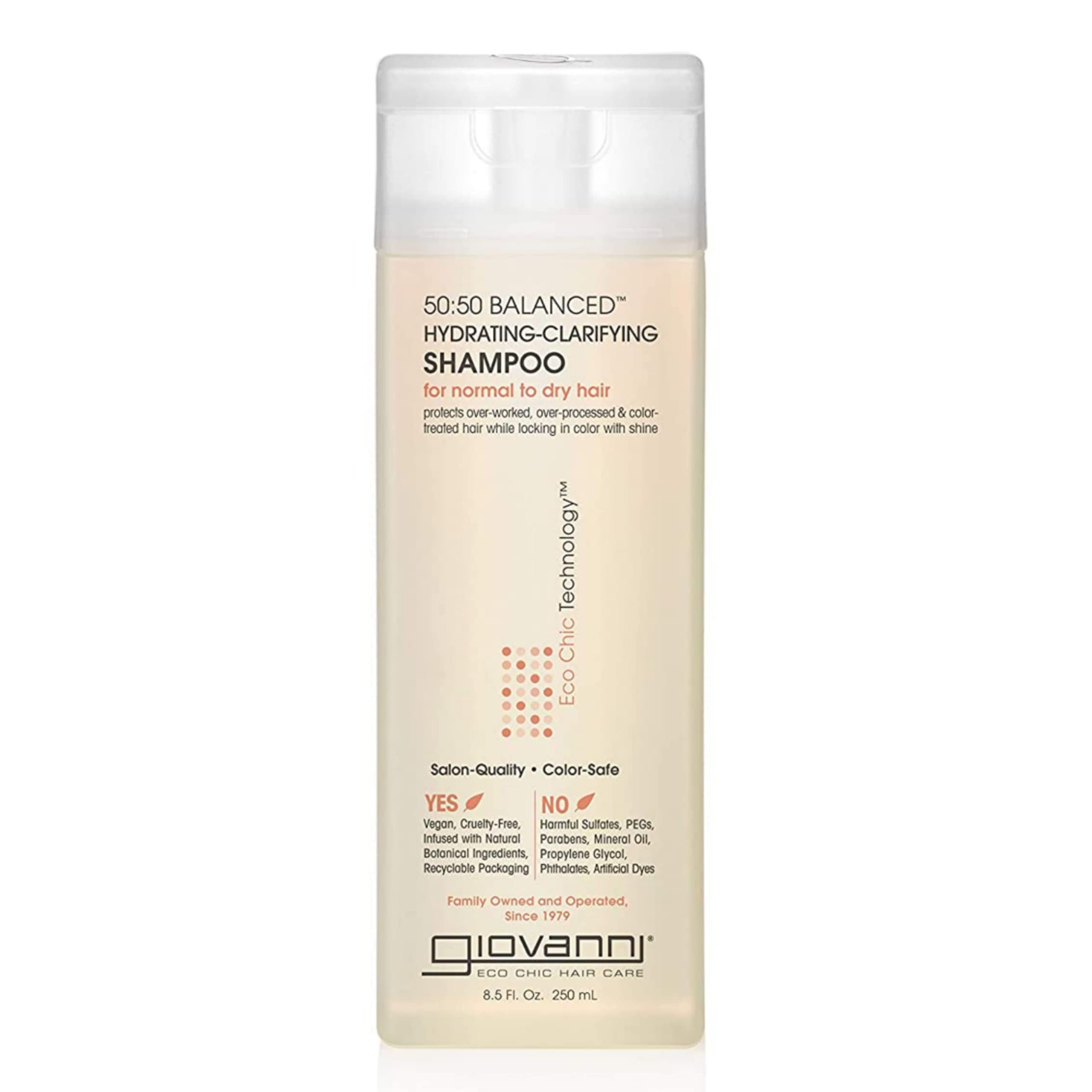 Giovanni 50/50 Shampoing Équilibre - bouteille en vue, offre hydratation et protection de coloration.