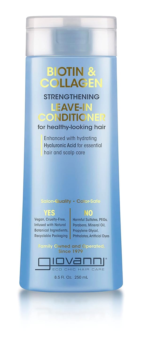 GIOVANNI Biotin & Collagen Leave-In sur sa bouteille, revitalisant et nourrissant les cheveux.