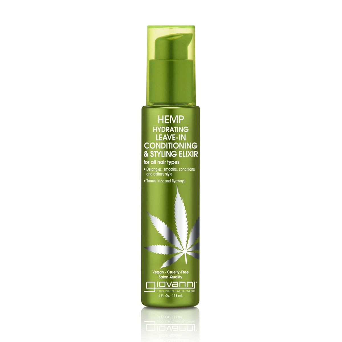 GIOVANNI chanvre-hydratant-elixir – bouteille élégante démêle et hydrate les cheveux.