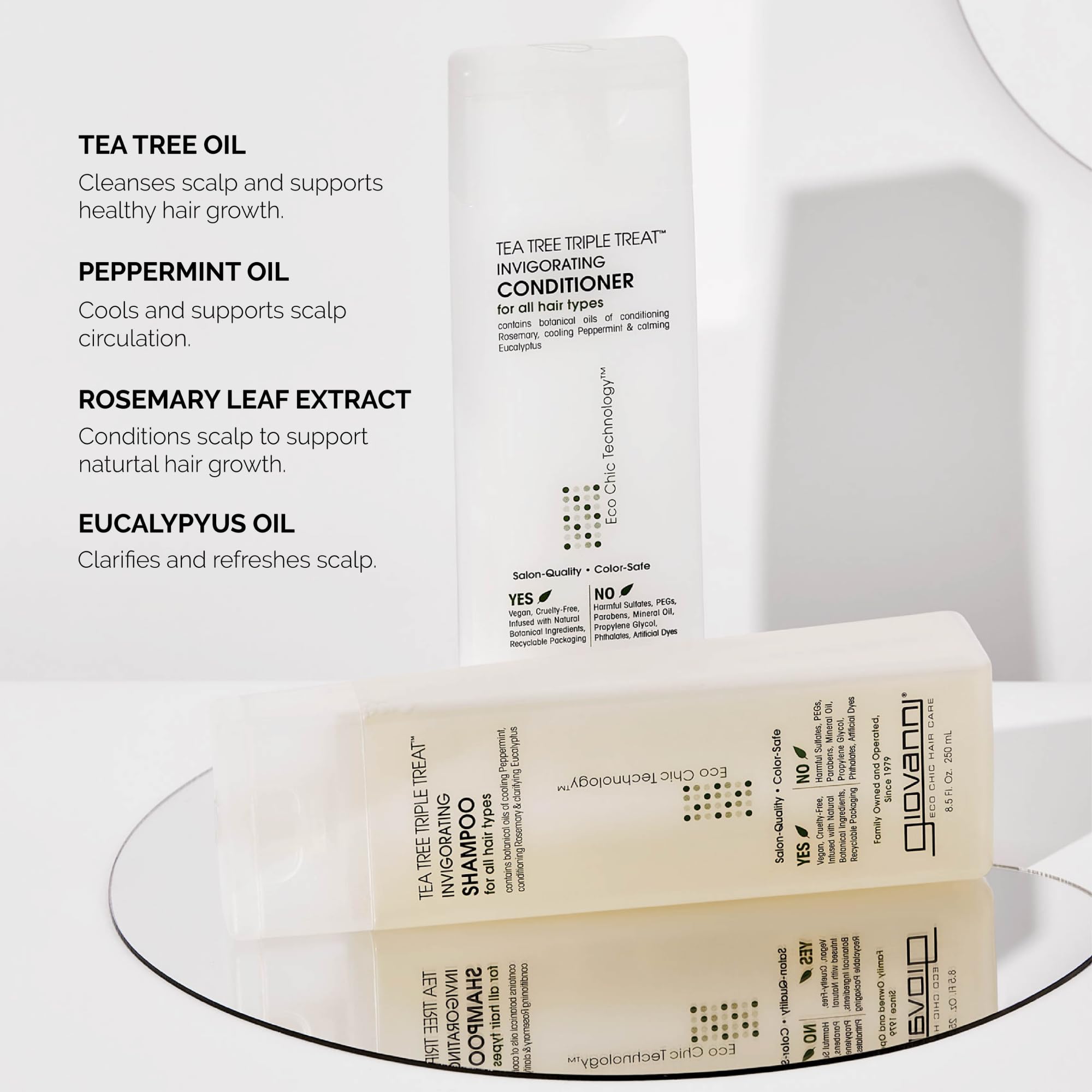 GIOVANNI Tea Tree Triple Treat mélange menthe, eucalyptus et romarin pour une sensation fraîche.