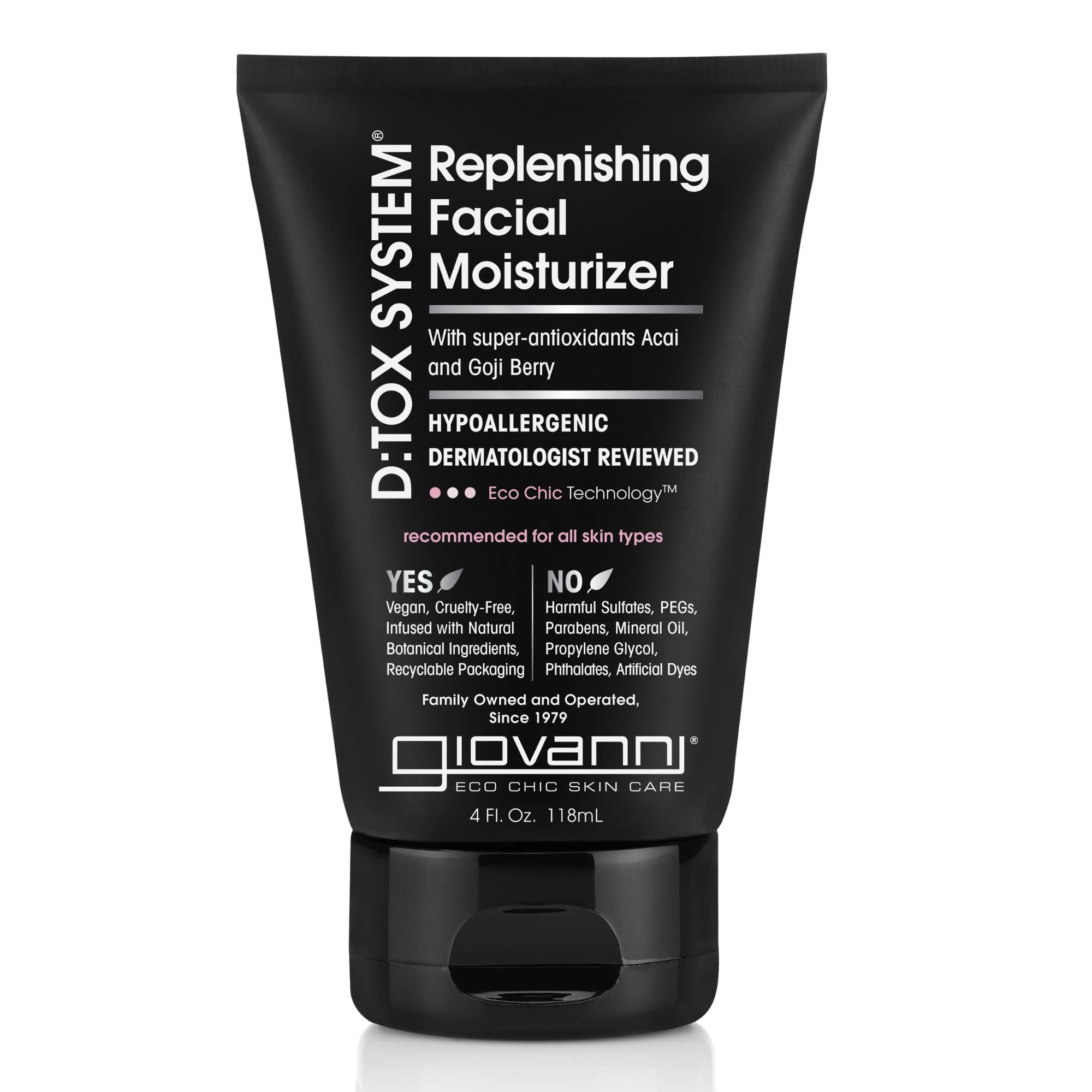 Crème visage hydratante GIOVANNI D:TOX System en bouteille, hydratation durable.