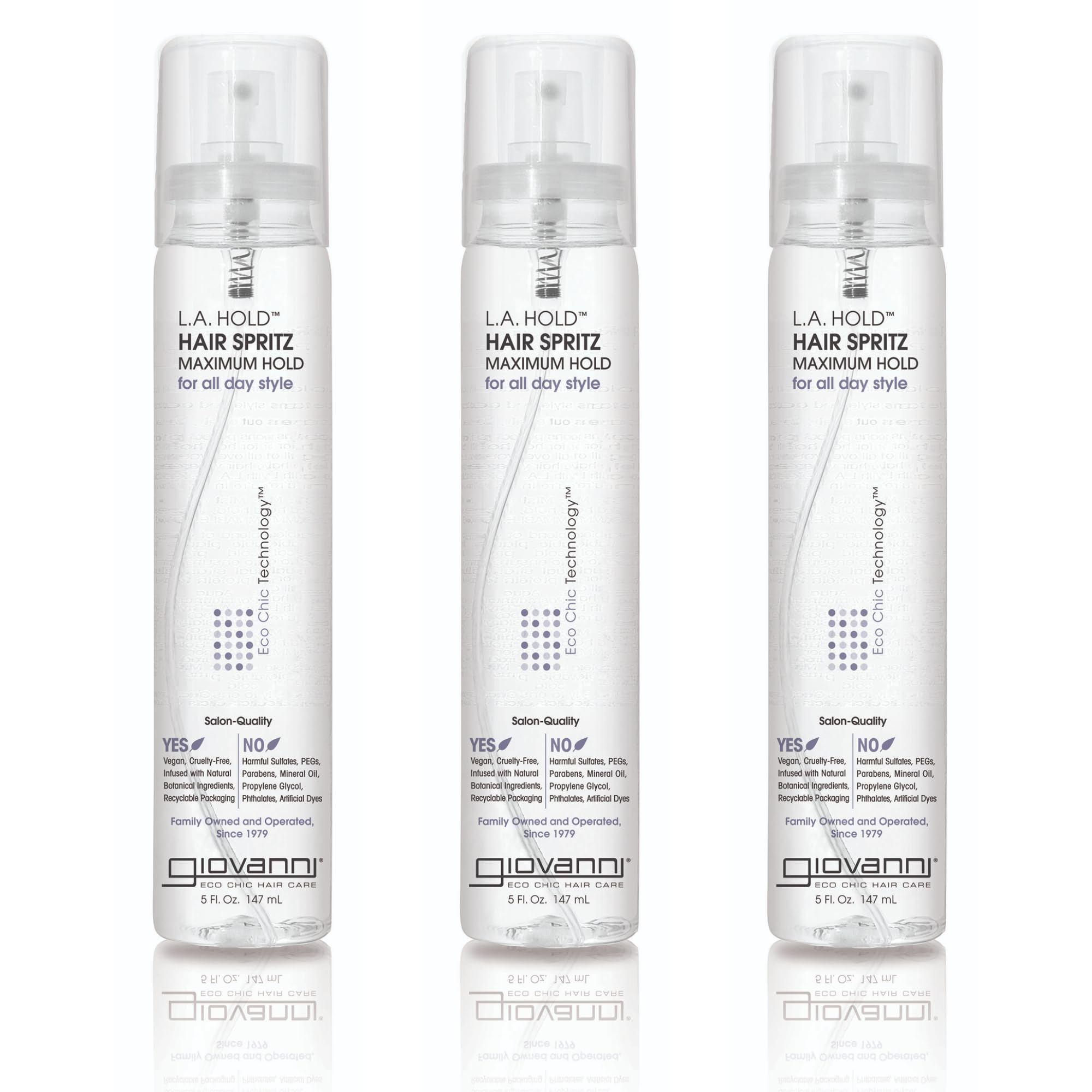 GIOVANNI L.A. Hold Hair Spritz sur bouteille-pompe, maintien précis et contrôle du style.